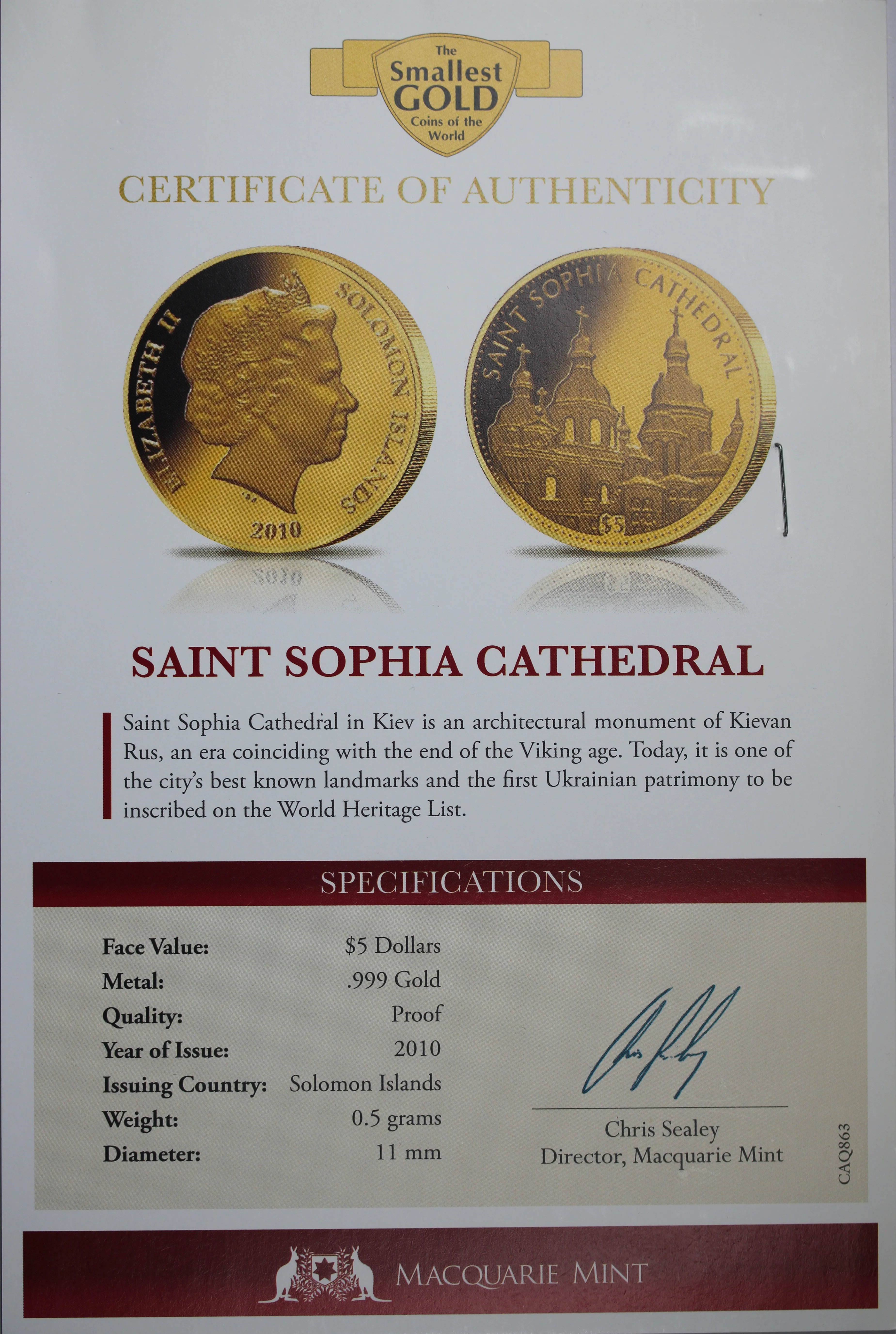 2010 $5 Solomon Islands Saint Sophia Cathedral 0.5g Gold Coin - Image 2