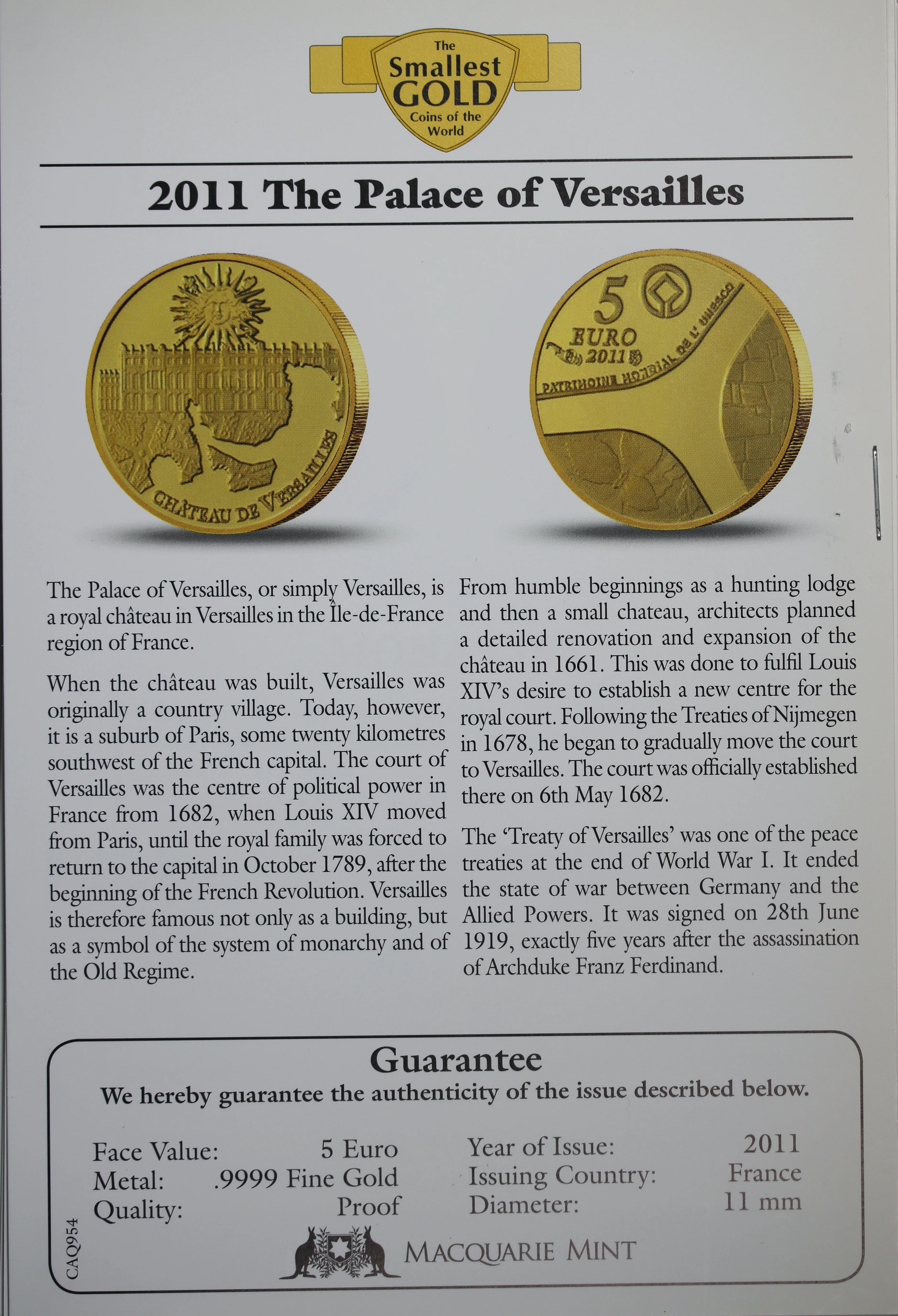 2011 5 Euro France The Palace of Versailles 0.5g Gold Coin - Image 2