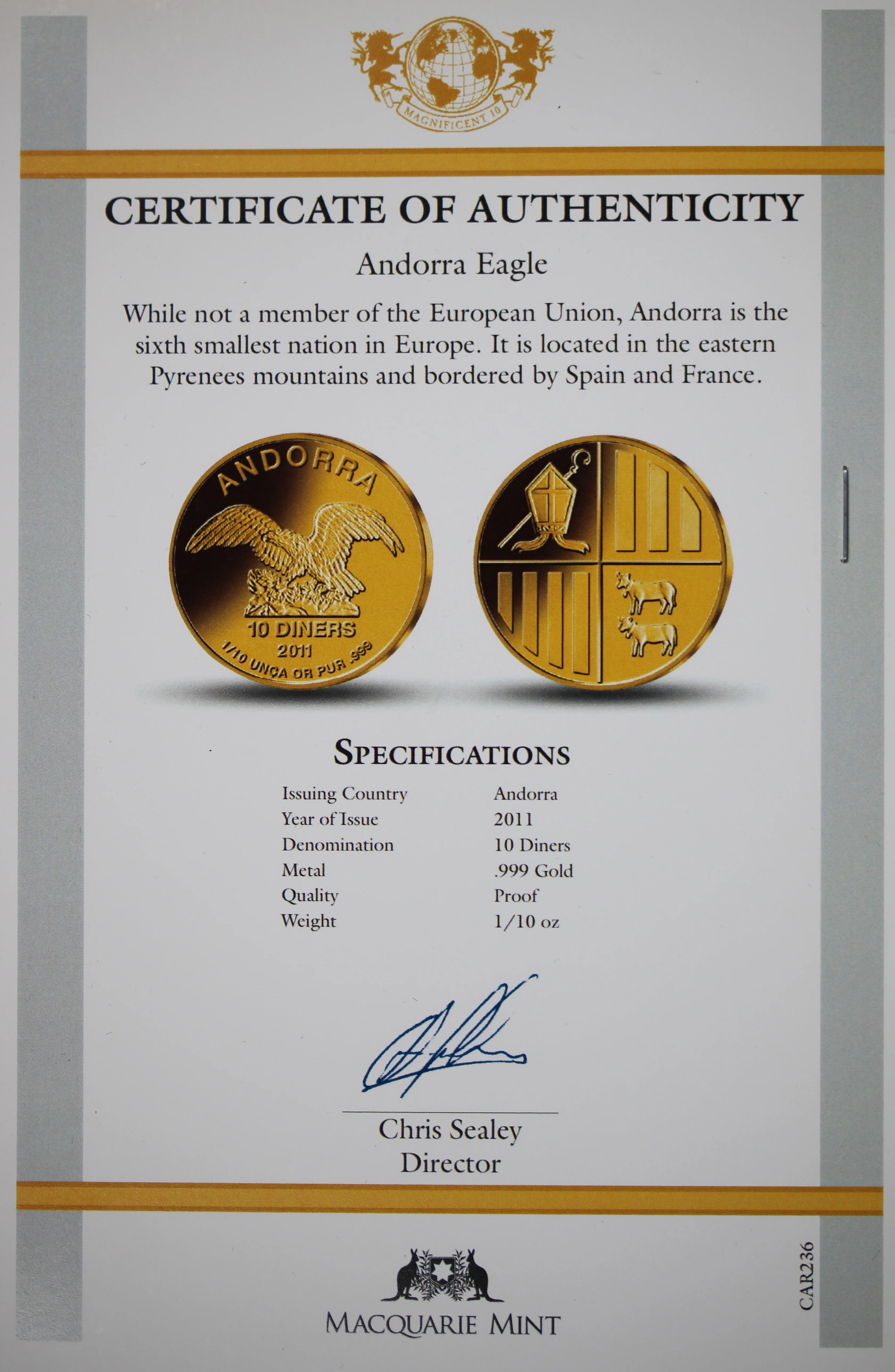 2011 Andorra 10 Diners 1/10oz Gold Proof Coin - Image 2