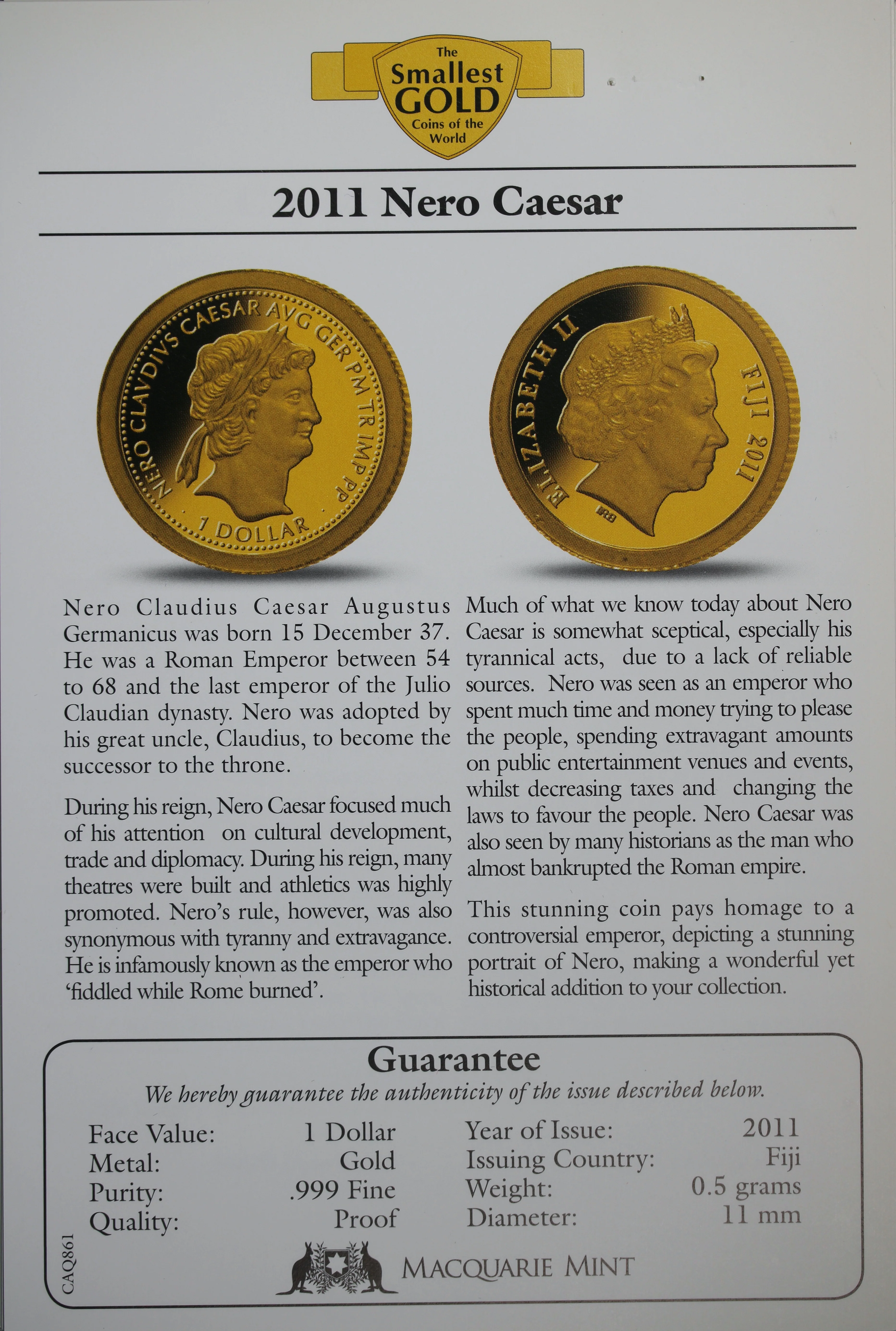 2011 Fiji $1 Nero Caesar 0.5g Gold Coin - Image 2