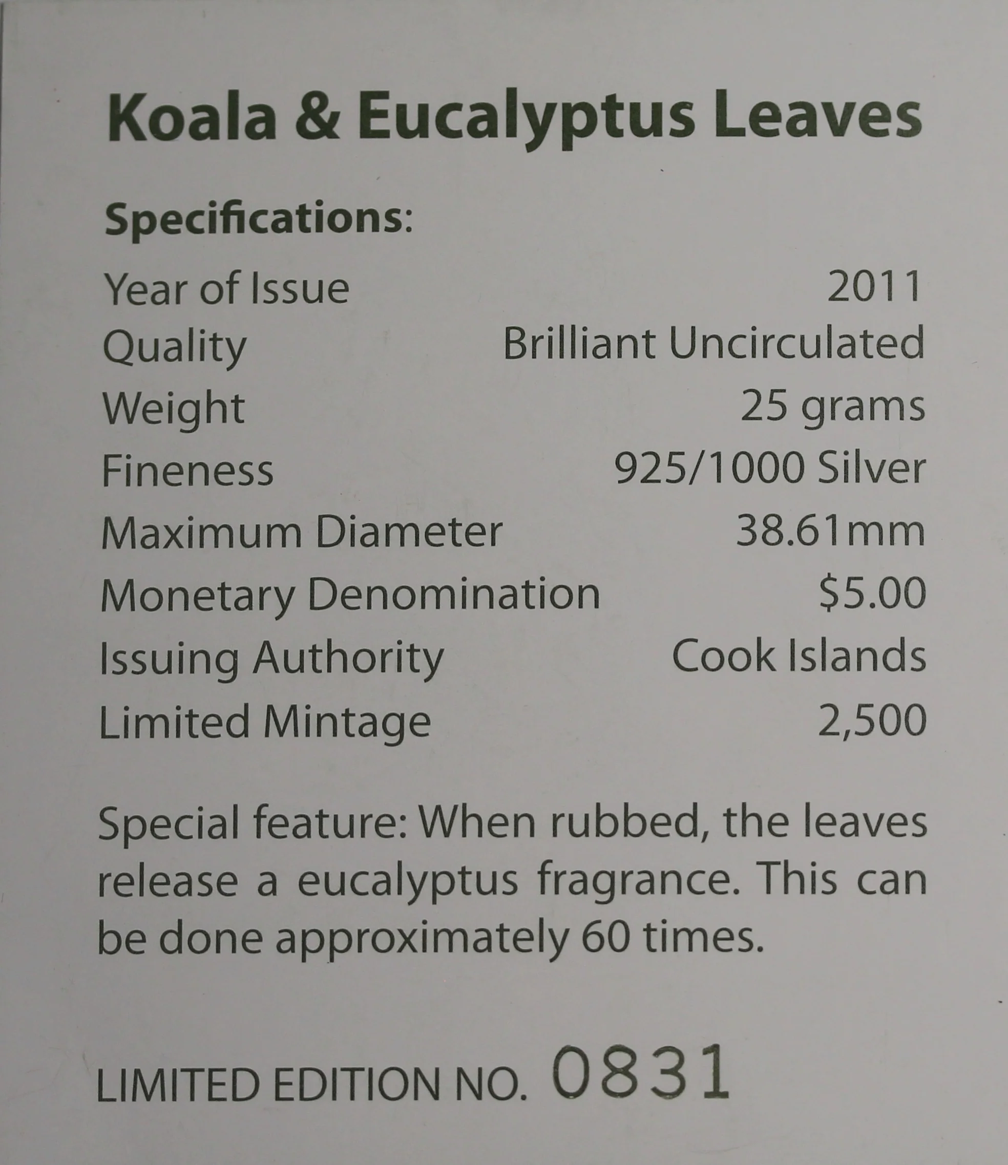 2011 Koala and Eucalyptus Silver Scented Coin - Image 4