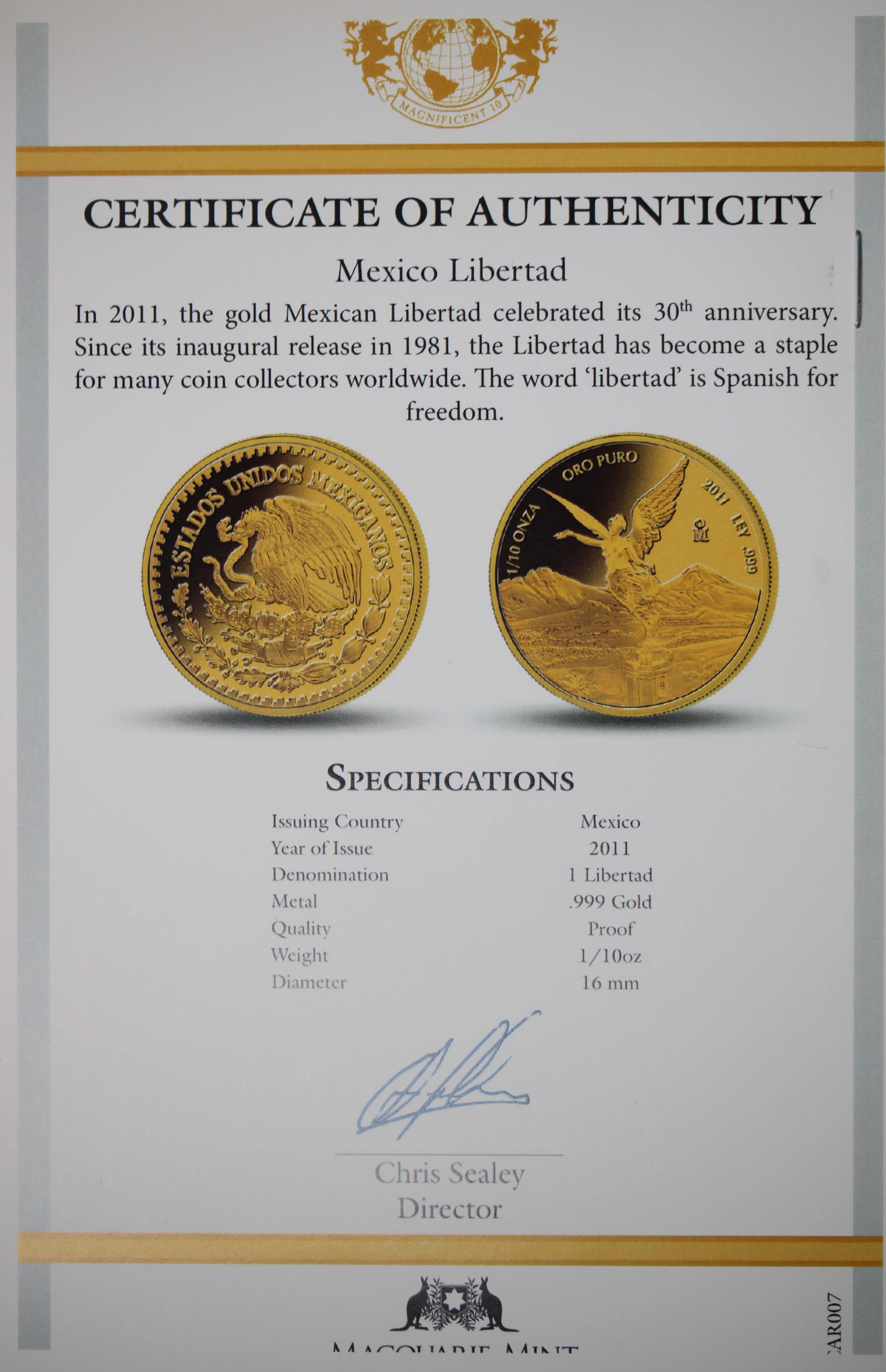 2011 Mexico Libertad 1/10oz Gold Coin - Image 3