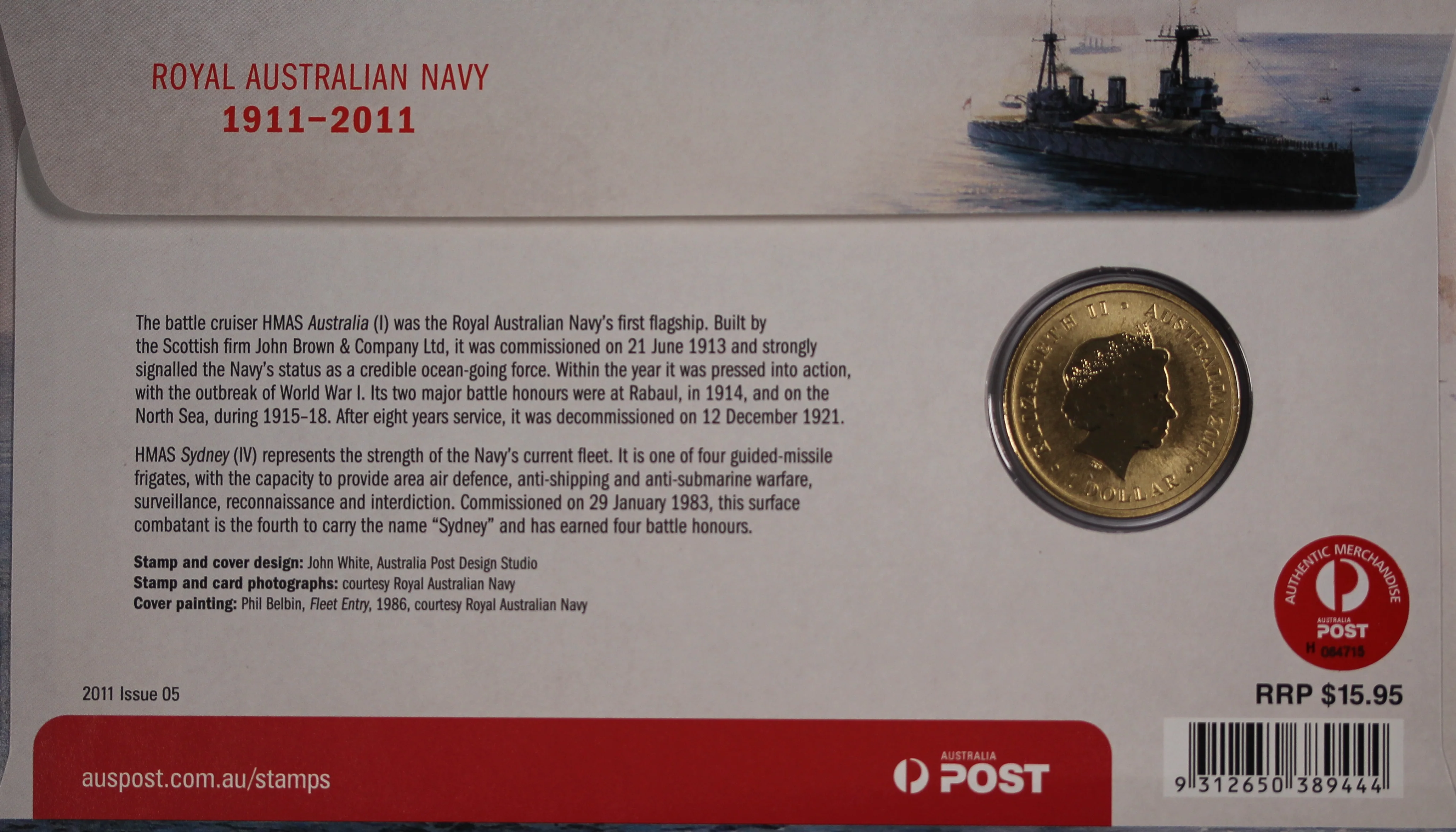 2011 Royal Australian Navy Centenary $1 PNC - Image 2