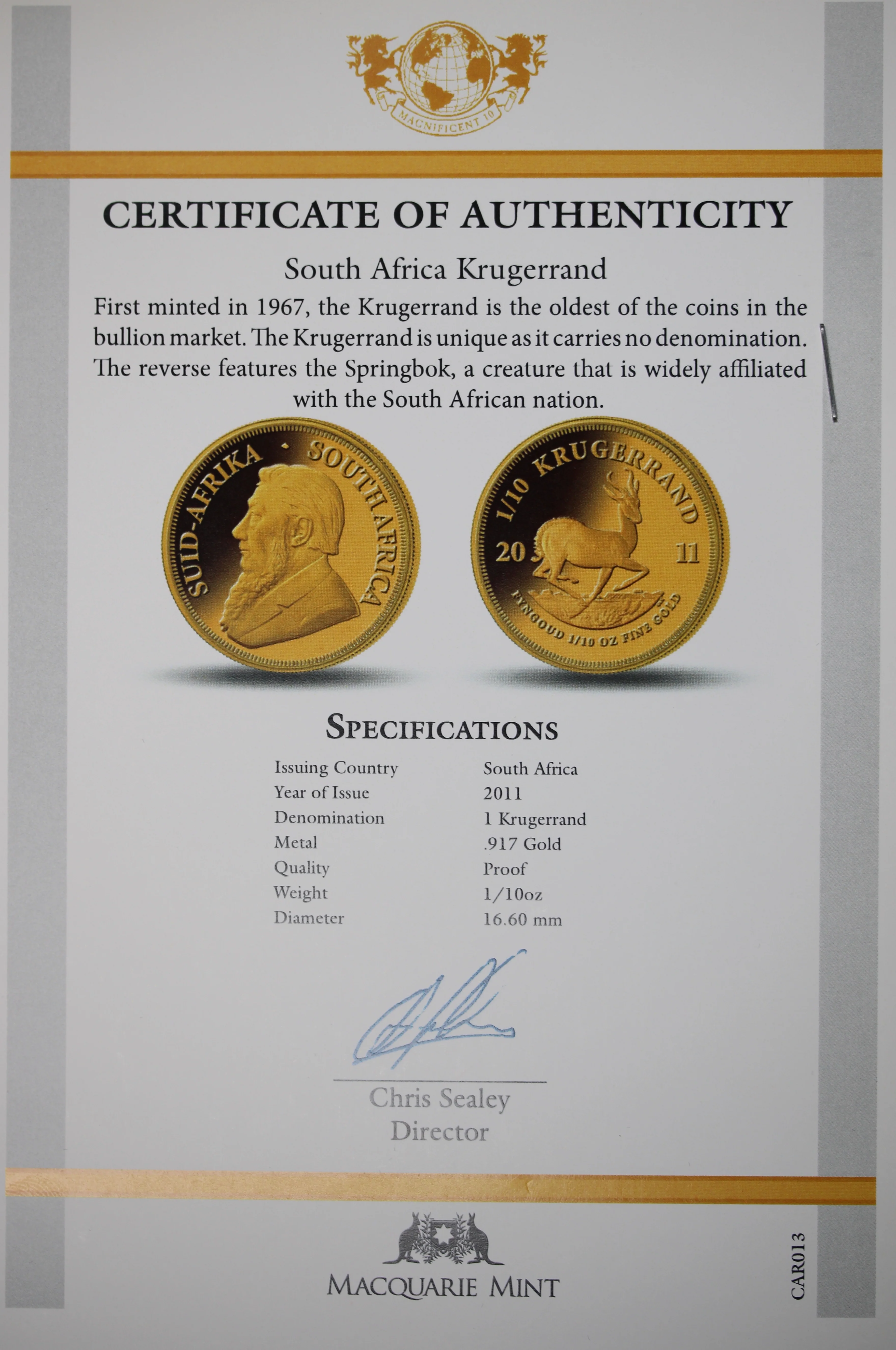 2011 South Africa Krugerrand 1/10oz Gold Coin - Image 2