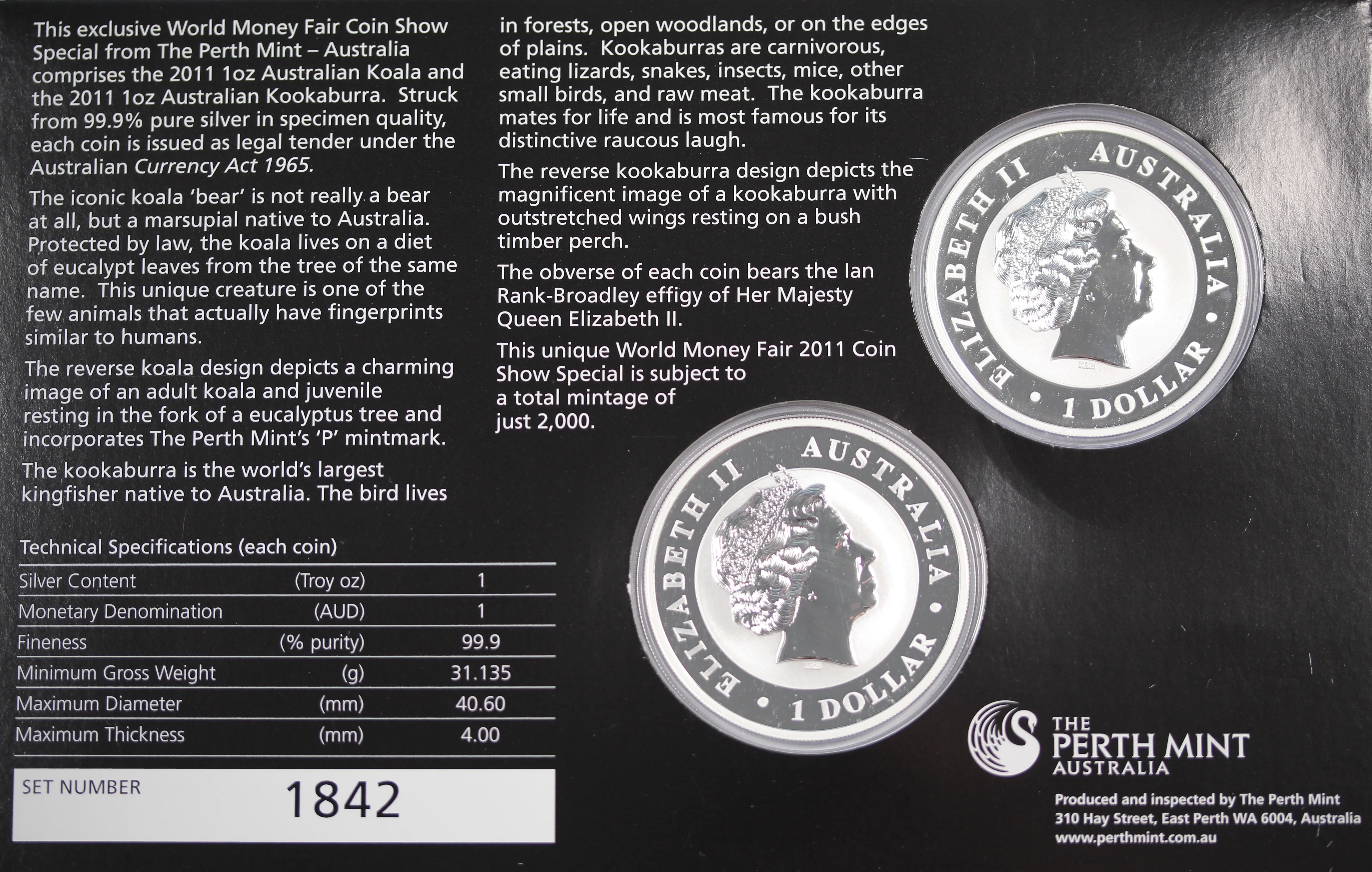 2011 World Money Fair Kookaburra and Koala 1oz Silver Coin Pair - Image 2