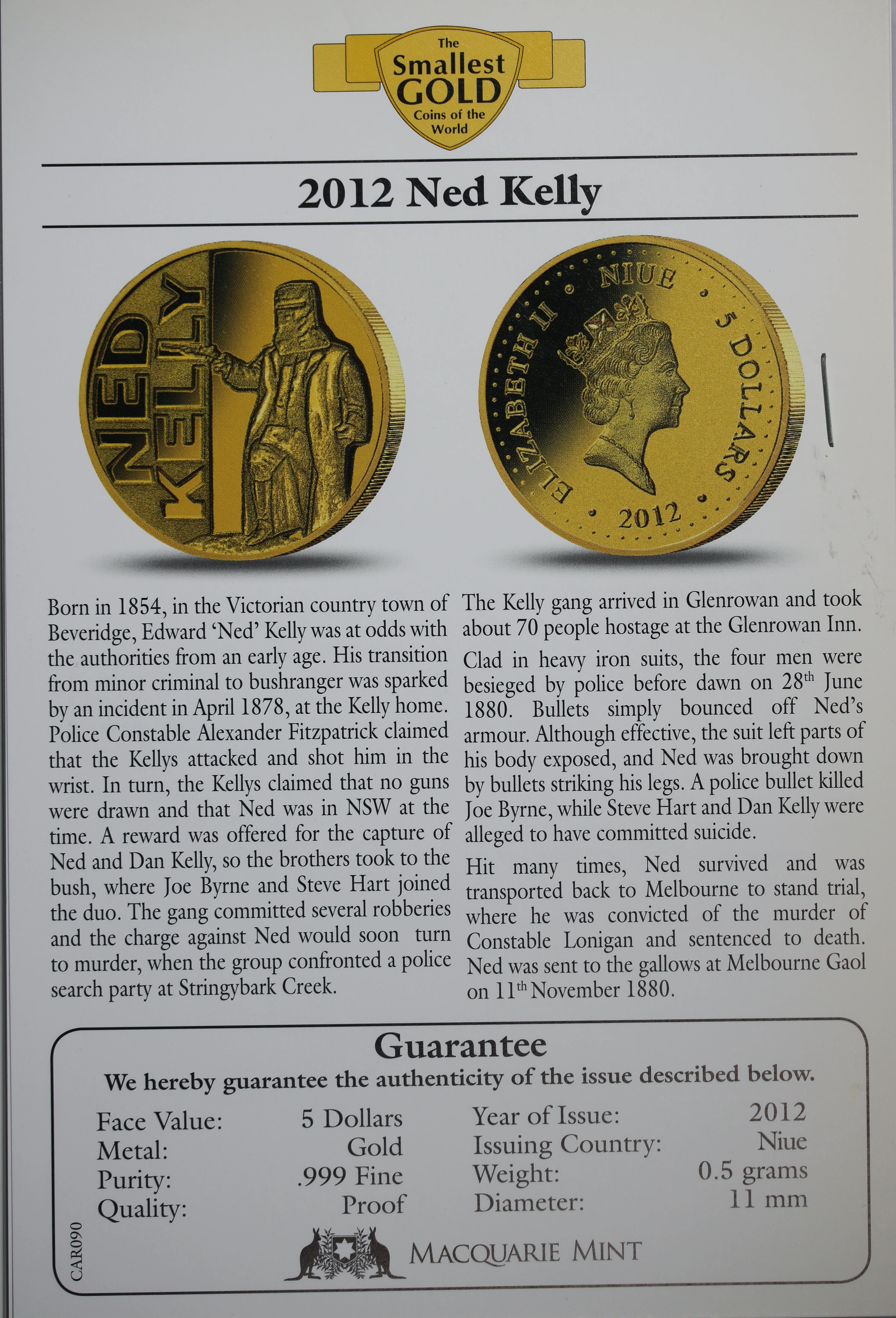 2012 Niue $5 Ned Kelly 0.5g Gold Coin - Image 2