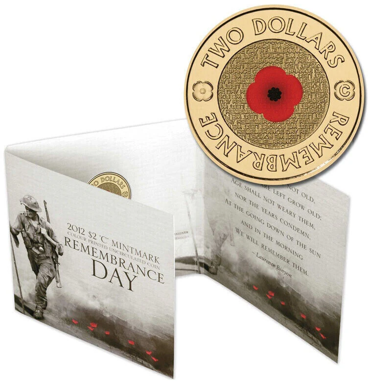 2012 Remembrance Red Poppy Coloured $2 C Mintmark Coin in Card