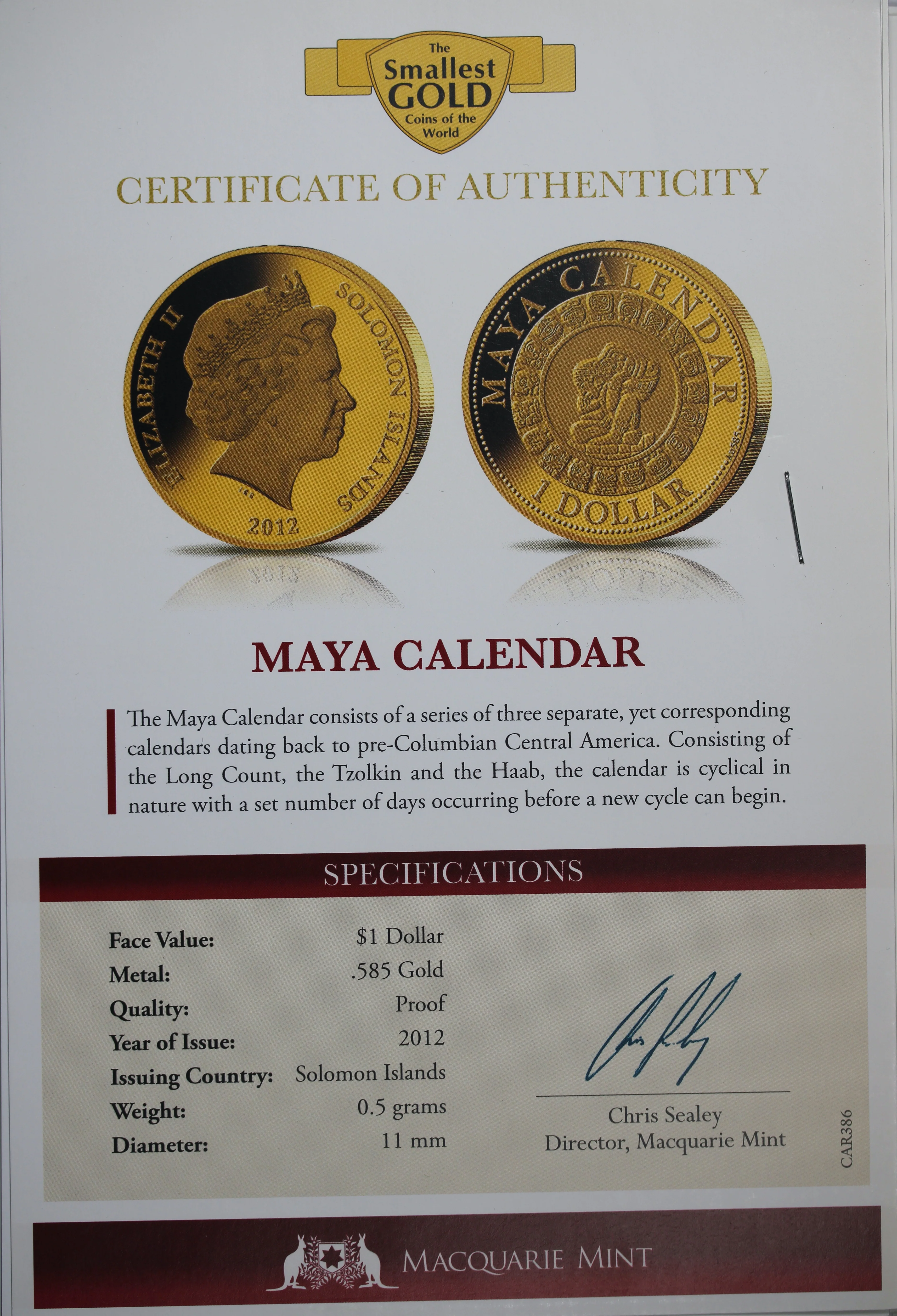 2012 Solomon Islands Maya Calendar 0.5g 14ct Gold Coin - Image 2