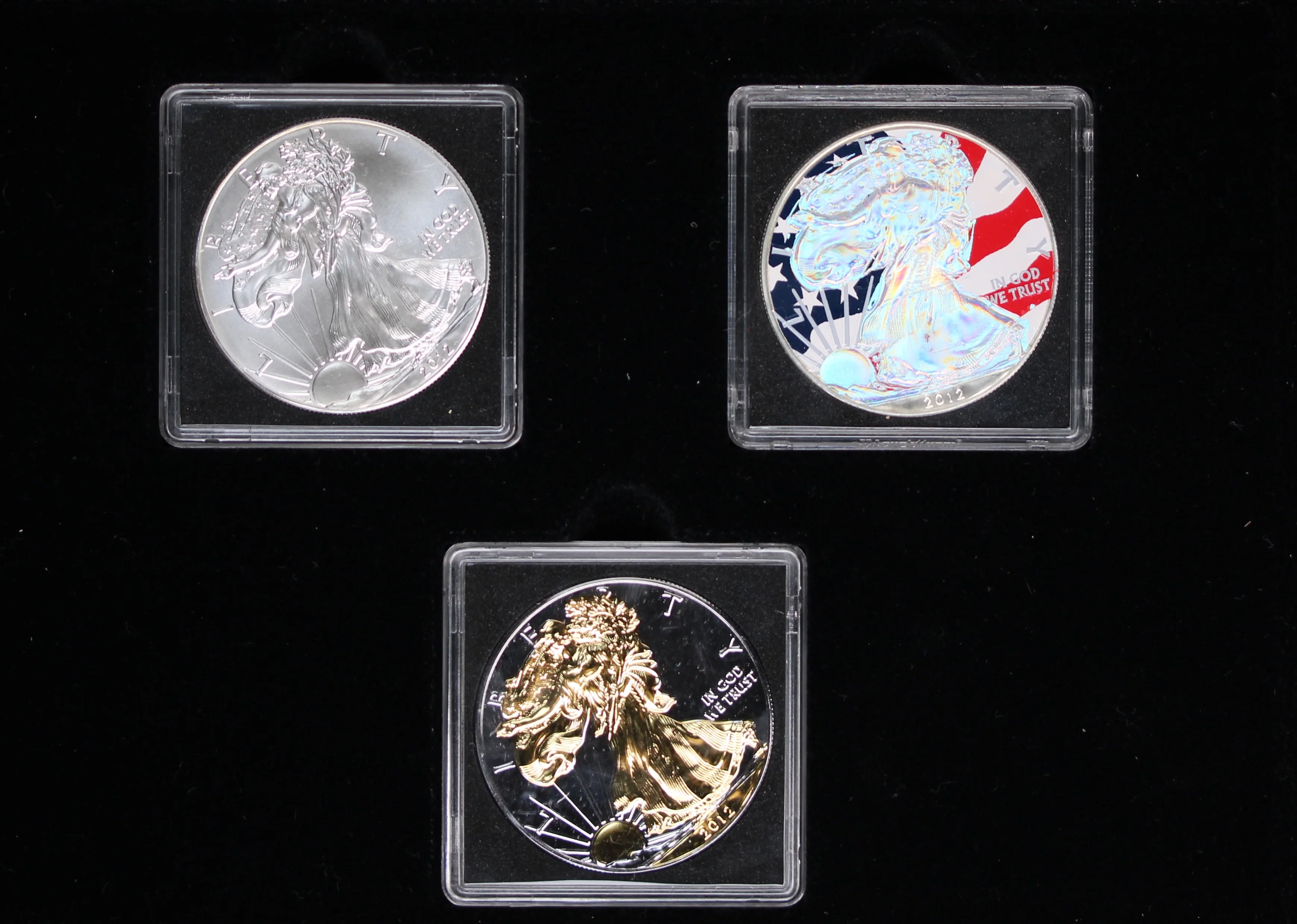 2012 USA Set of 3x 1oz Silver Eagle Coins (Standard, Gilded and Holo)