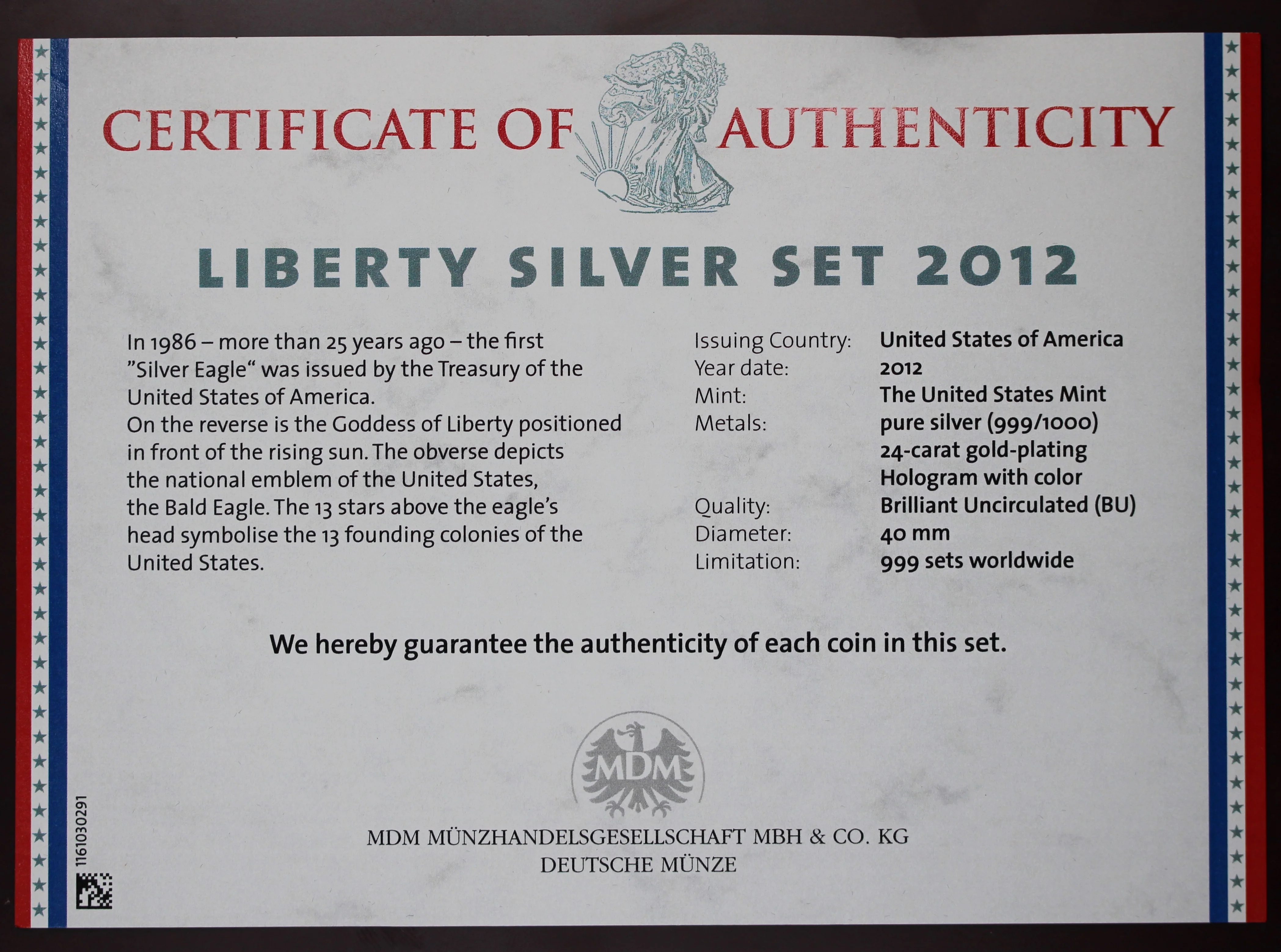 2012 USA Set of 3x 1oz Silver Eagle Coins (Standard, Gilded and Holo) - Image 2