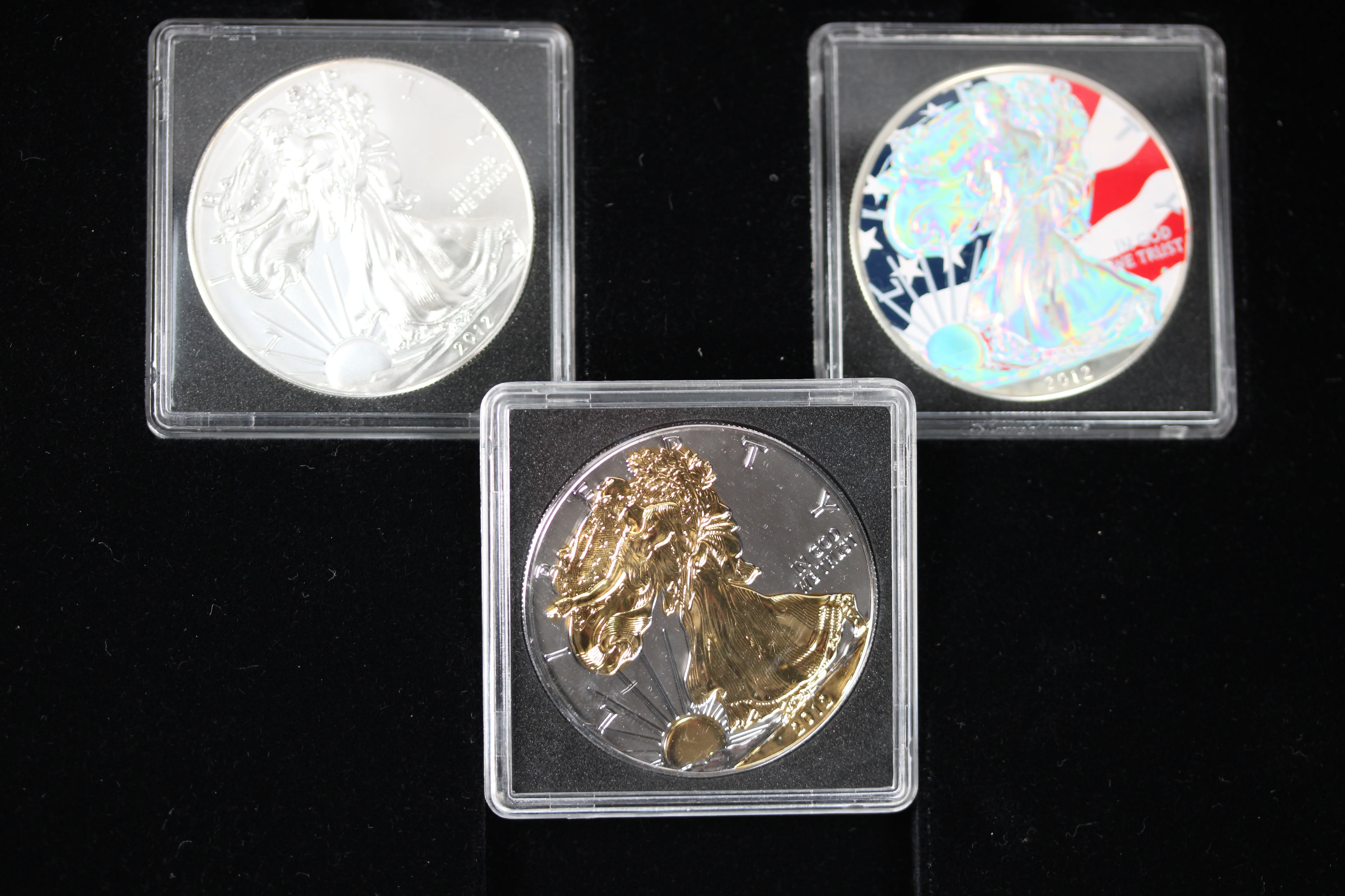 2012 USA Set of 3x 1oz Silver Eagle Coins (Standard, Gilded and Holo) - Image 3
