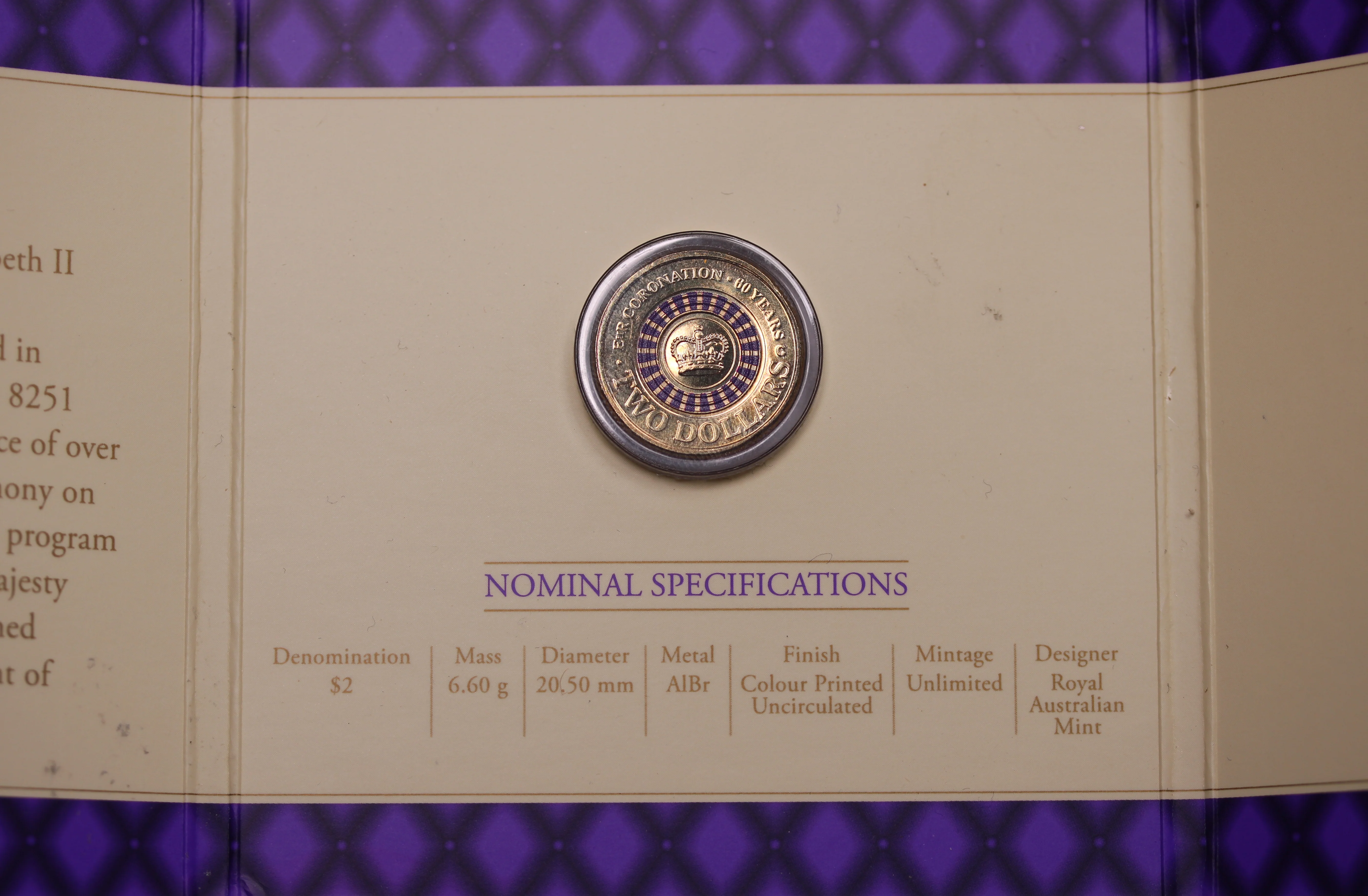 2013 Coronation Purple Coloured $2 C Mintmark Coin in Card - Image 2