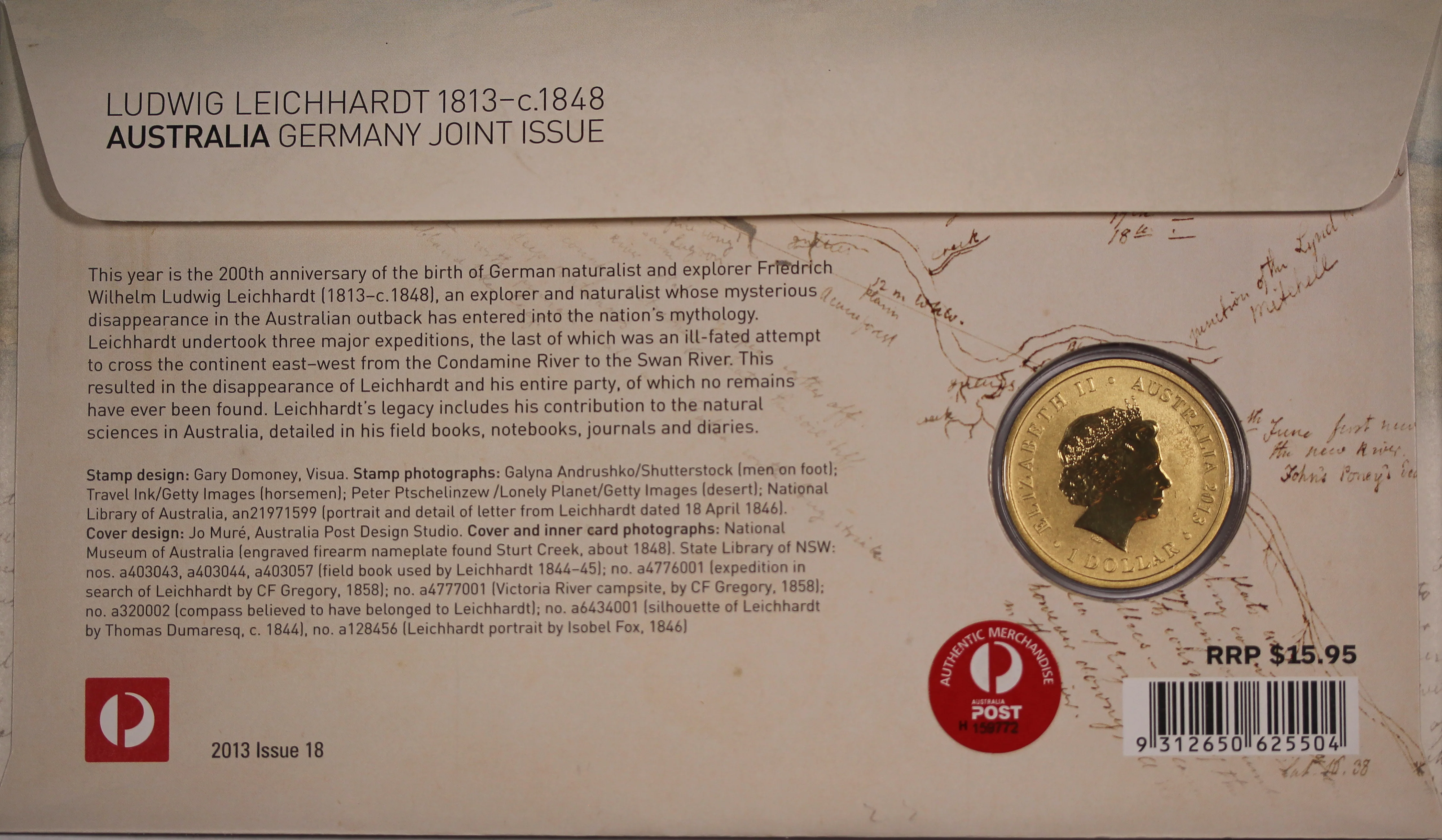 2013 Ludwig Leichhardt Australia/Germany Joint Issue $1 PNC - Image 2