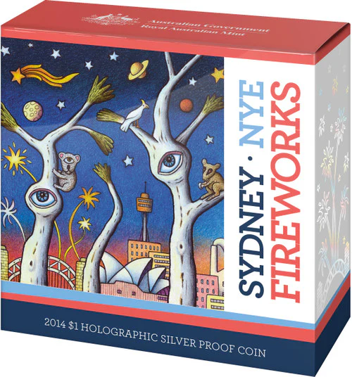 2014 $1 New Years Eve Sydney Fireworks 1oz Silver Holographic Proof Coin - Image 2