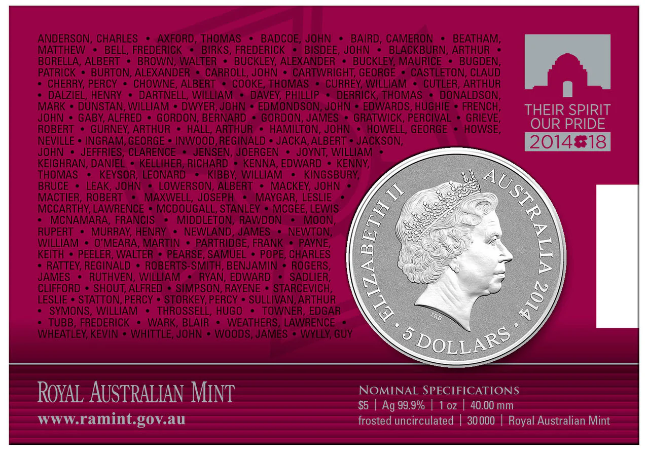 2014 $5 For Valour The Victoria Cross For Australia 1oz Silver Uncirculated Coin - Image 2