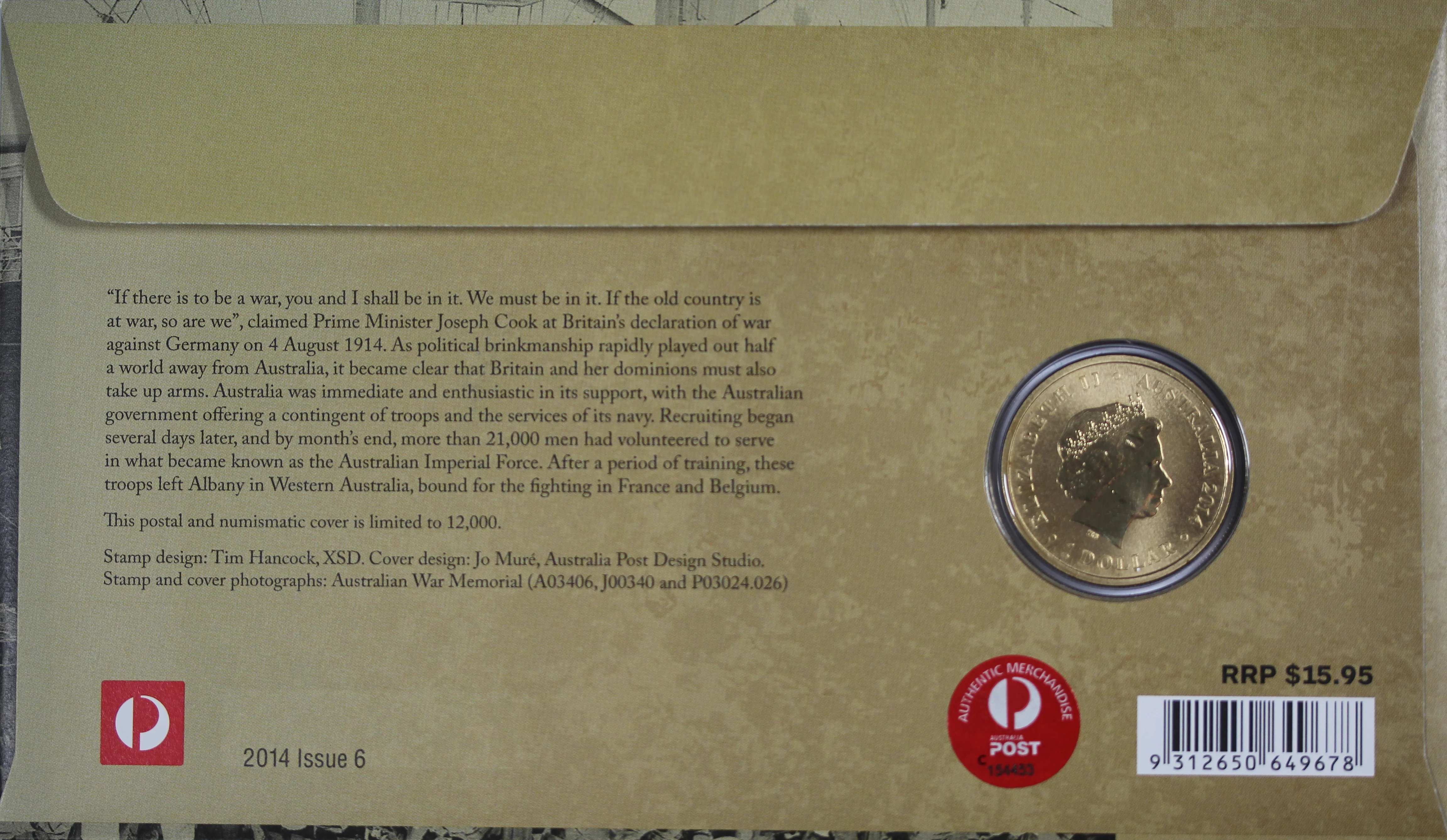 2014 Centenary of WWI War Declared $1 PNC - Image 2