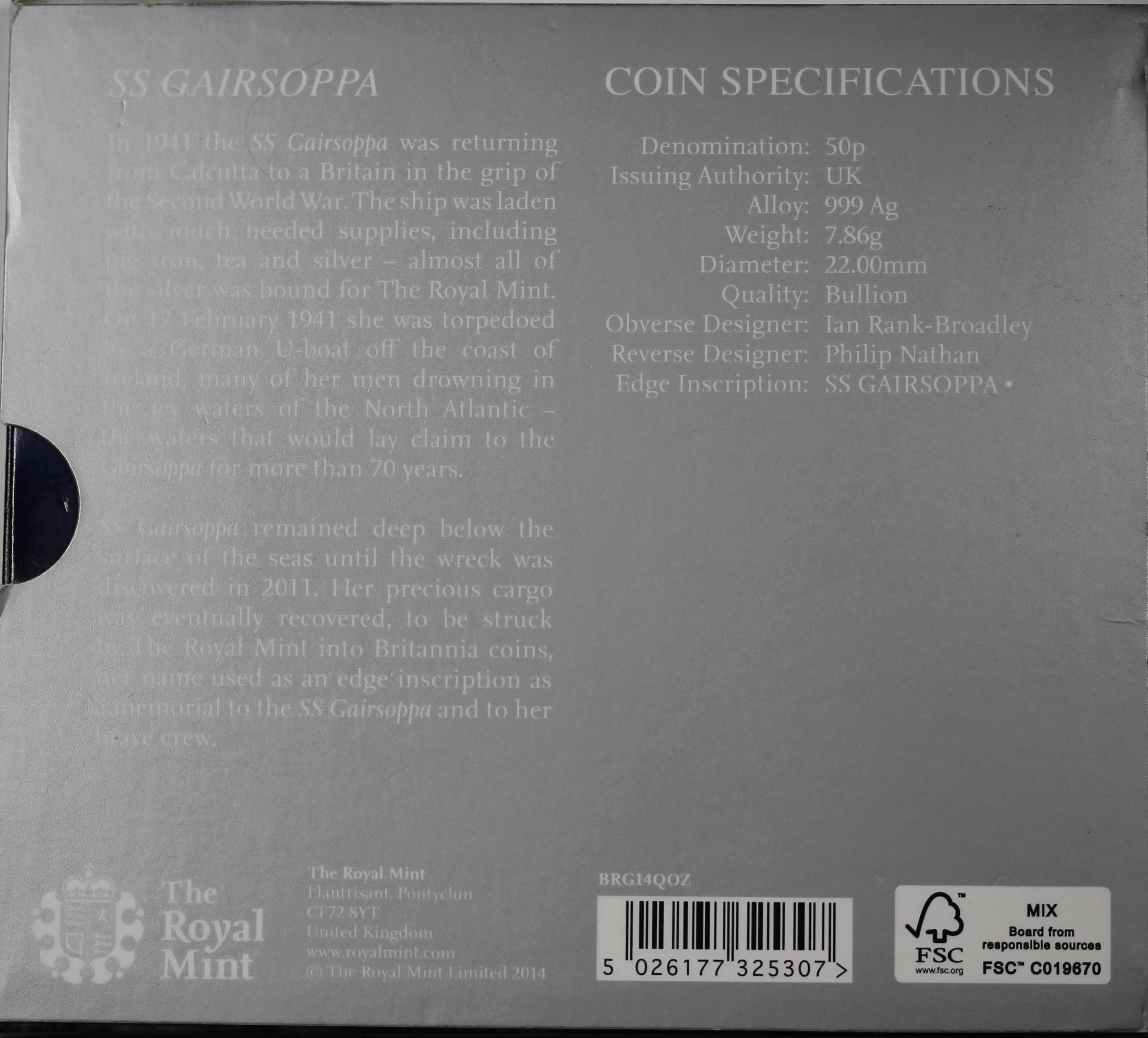 2014 Great Britain UK SS Gairsoppa Britannia 1/4oz Silver Coin - Image 2