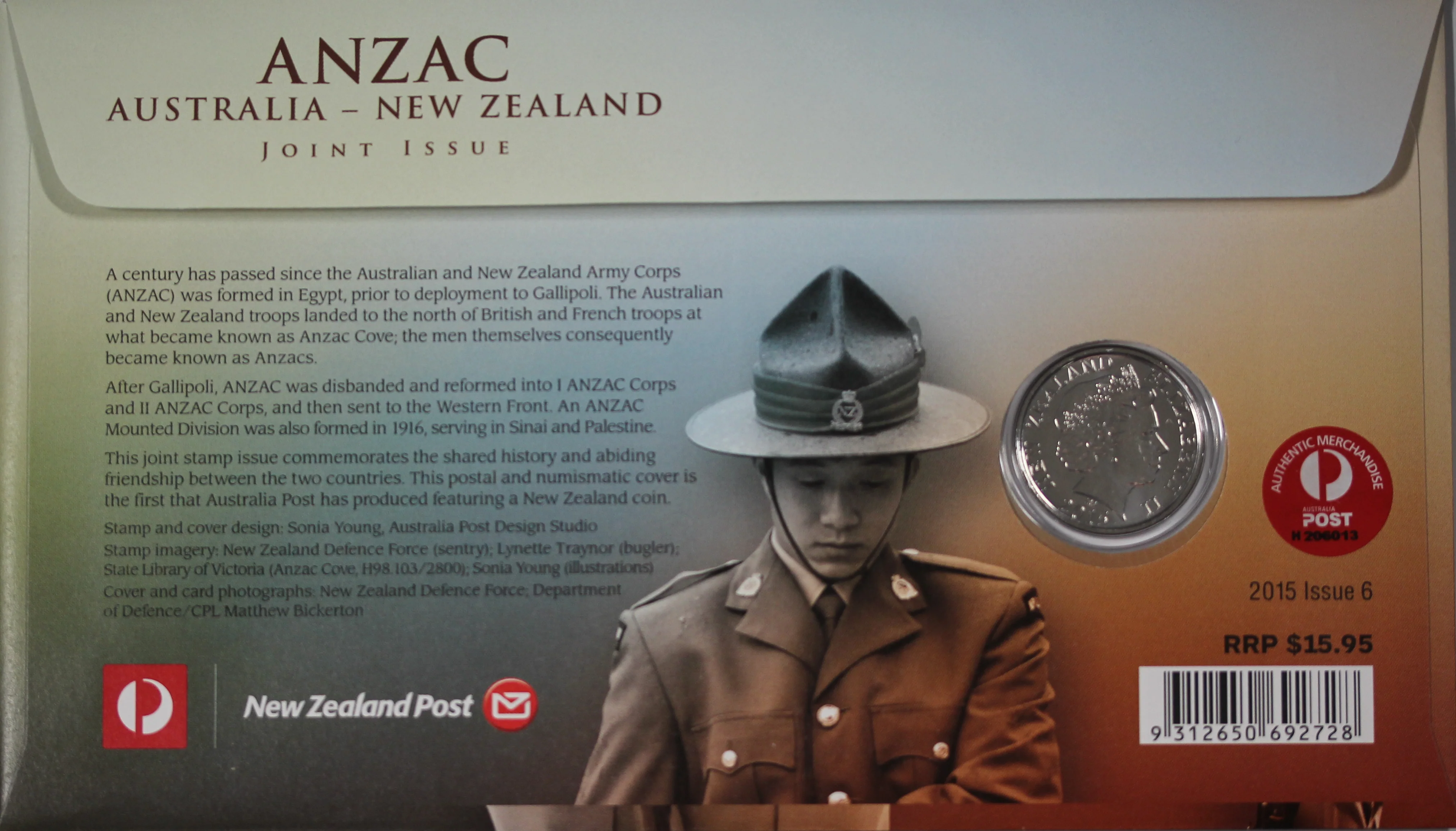 2015 ANZAC Joint Issue with New Zealand 50c PNC - Image 2