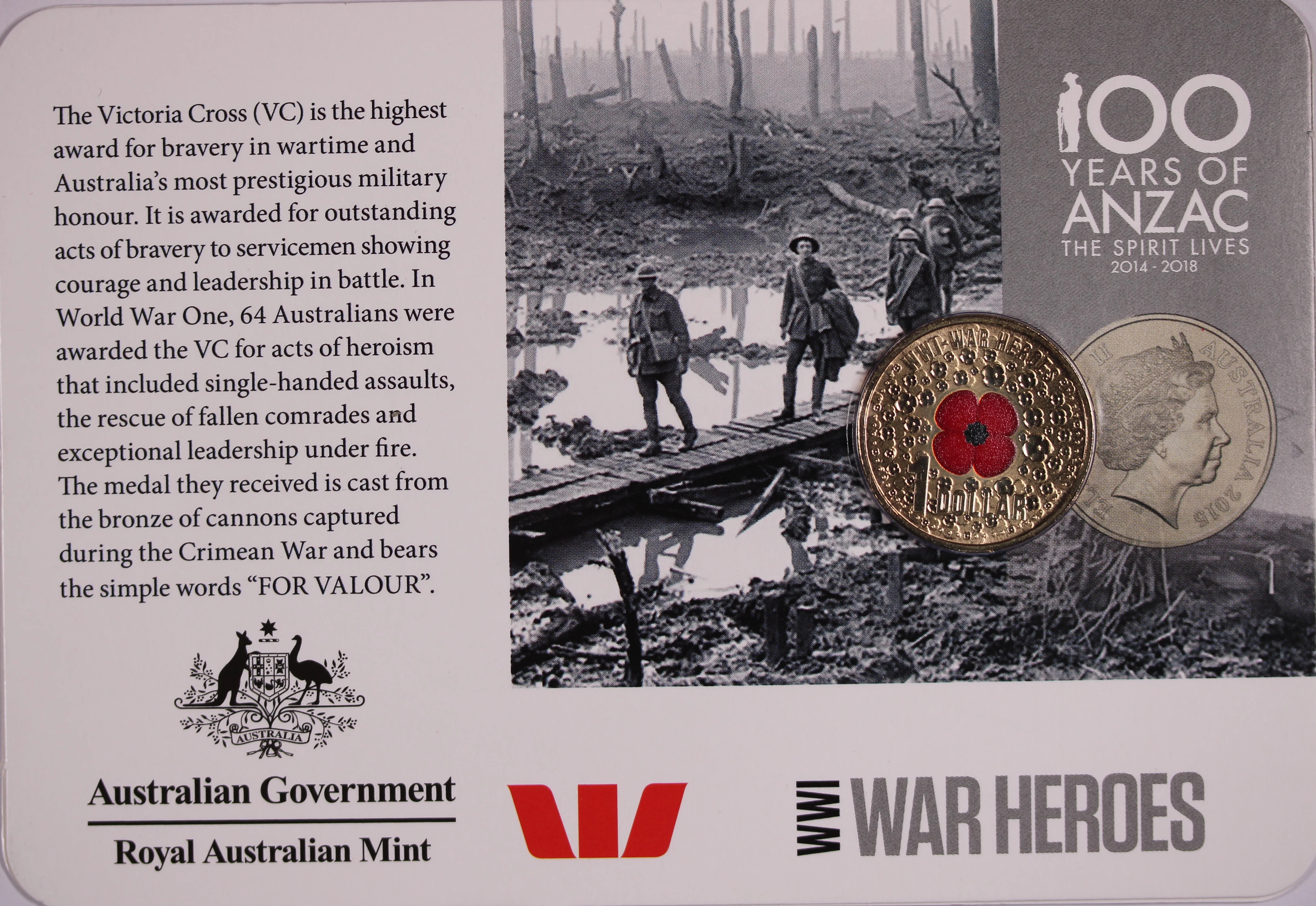 2015 Australia $1 WWI War Heroes-Red Poppy in Card