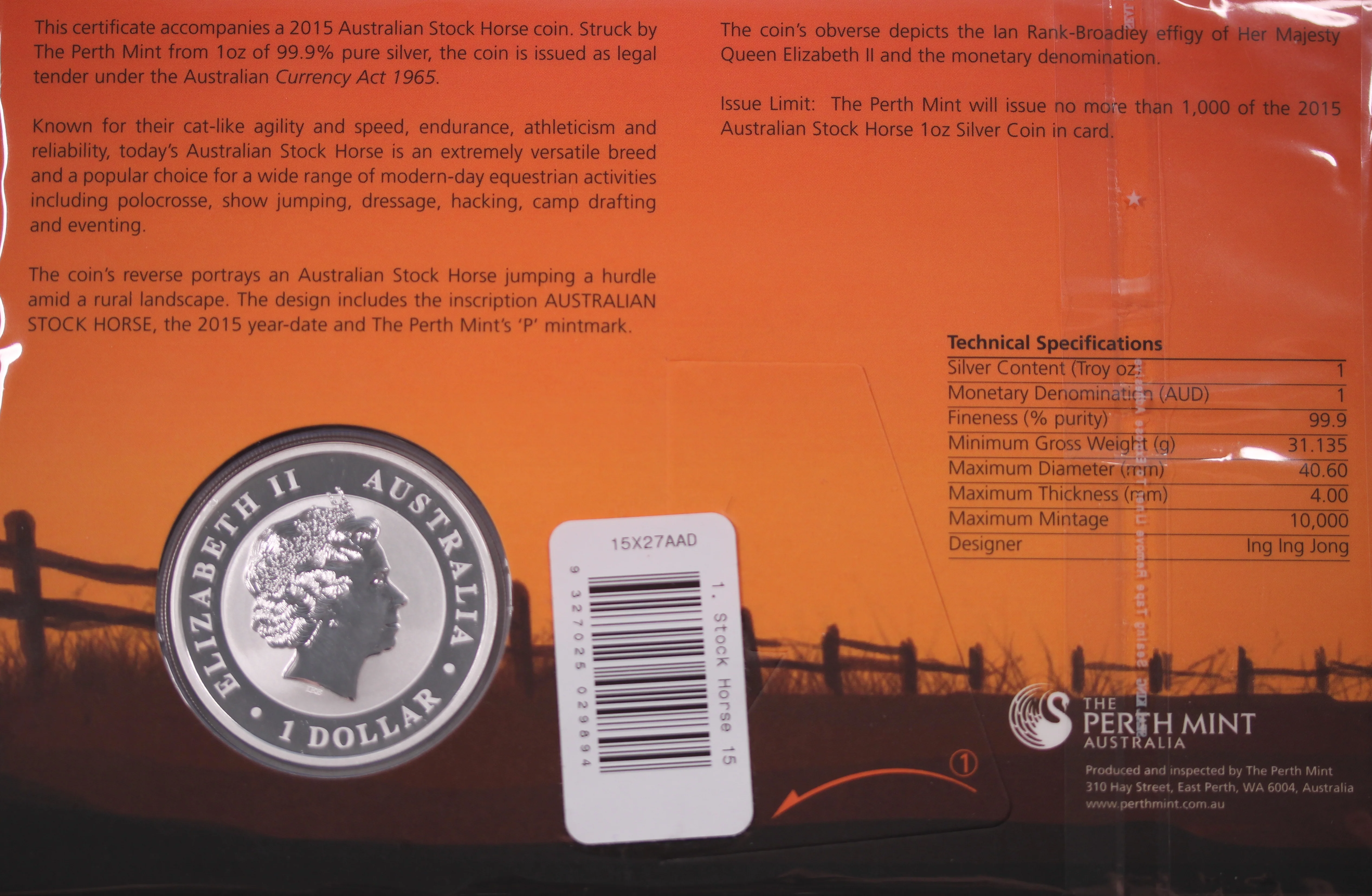 2015 Australian Stock Horse 1oz Silver Coin in Card - Image 2