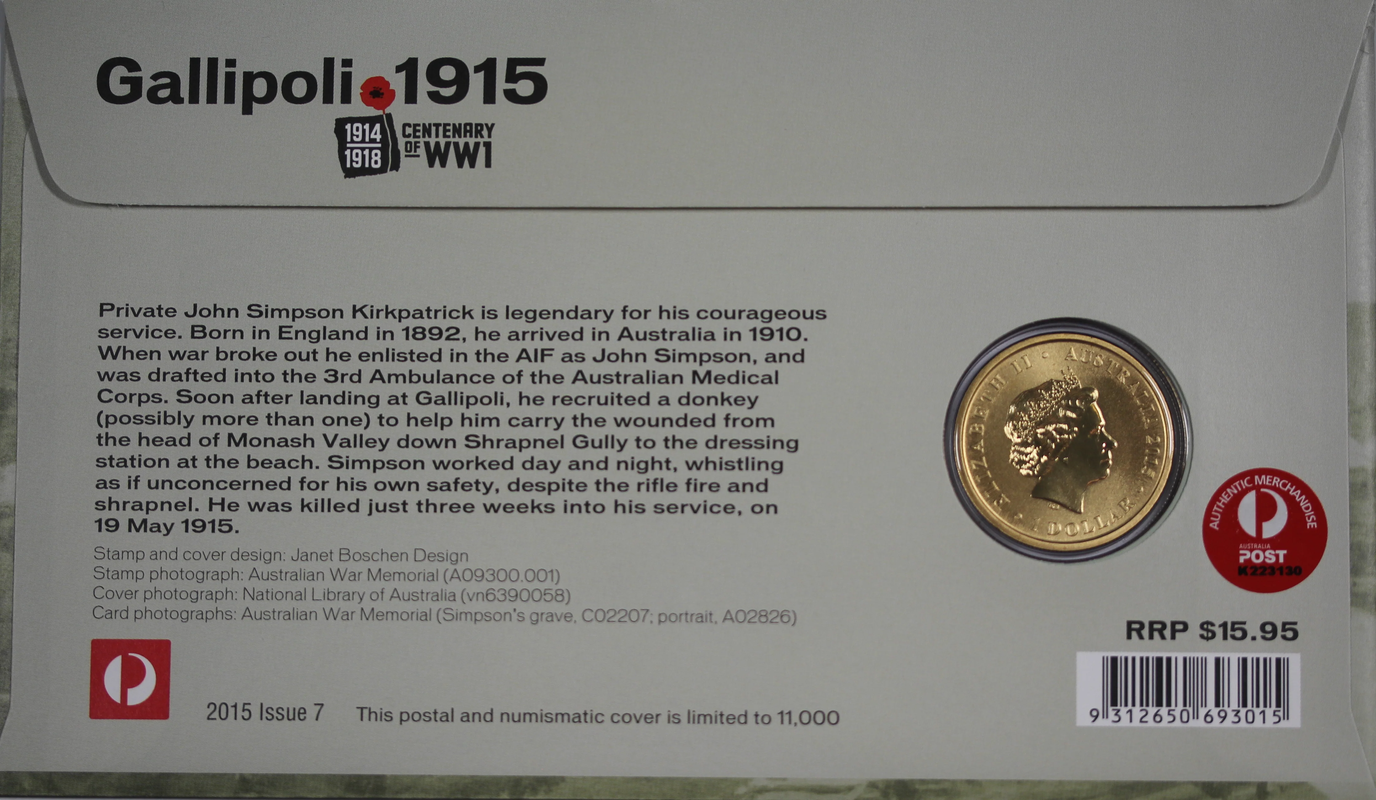 2015 Gallipoli Simpson and his Donkey $1 PNC - Image 2