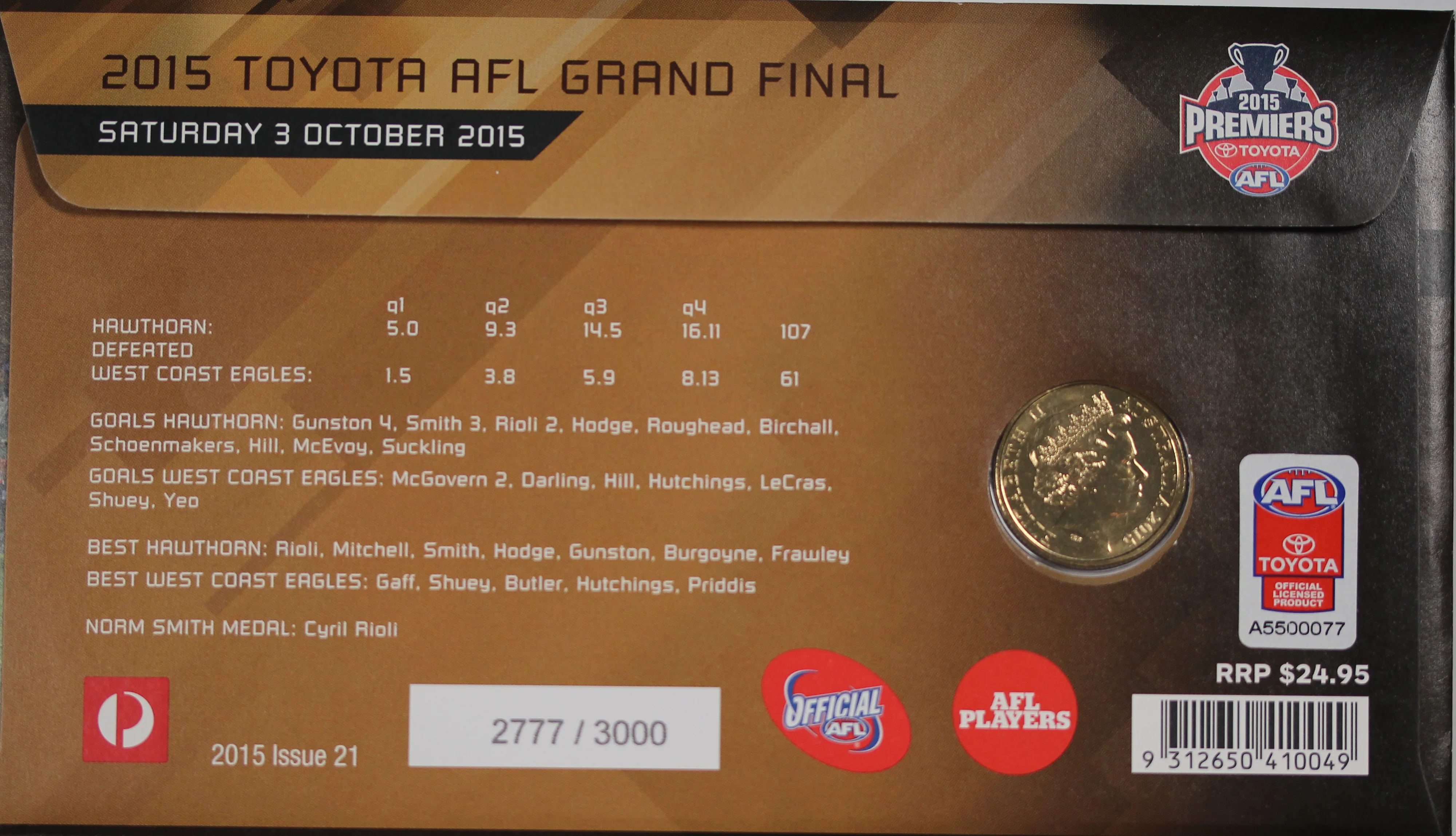 2015 Hawthorn AFL Premiers $1 PNC - Image 2