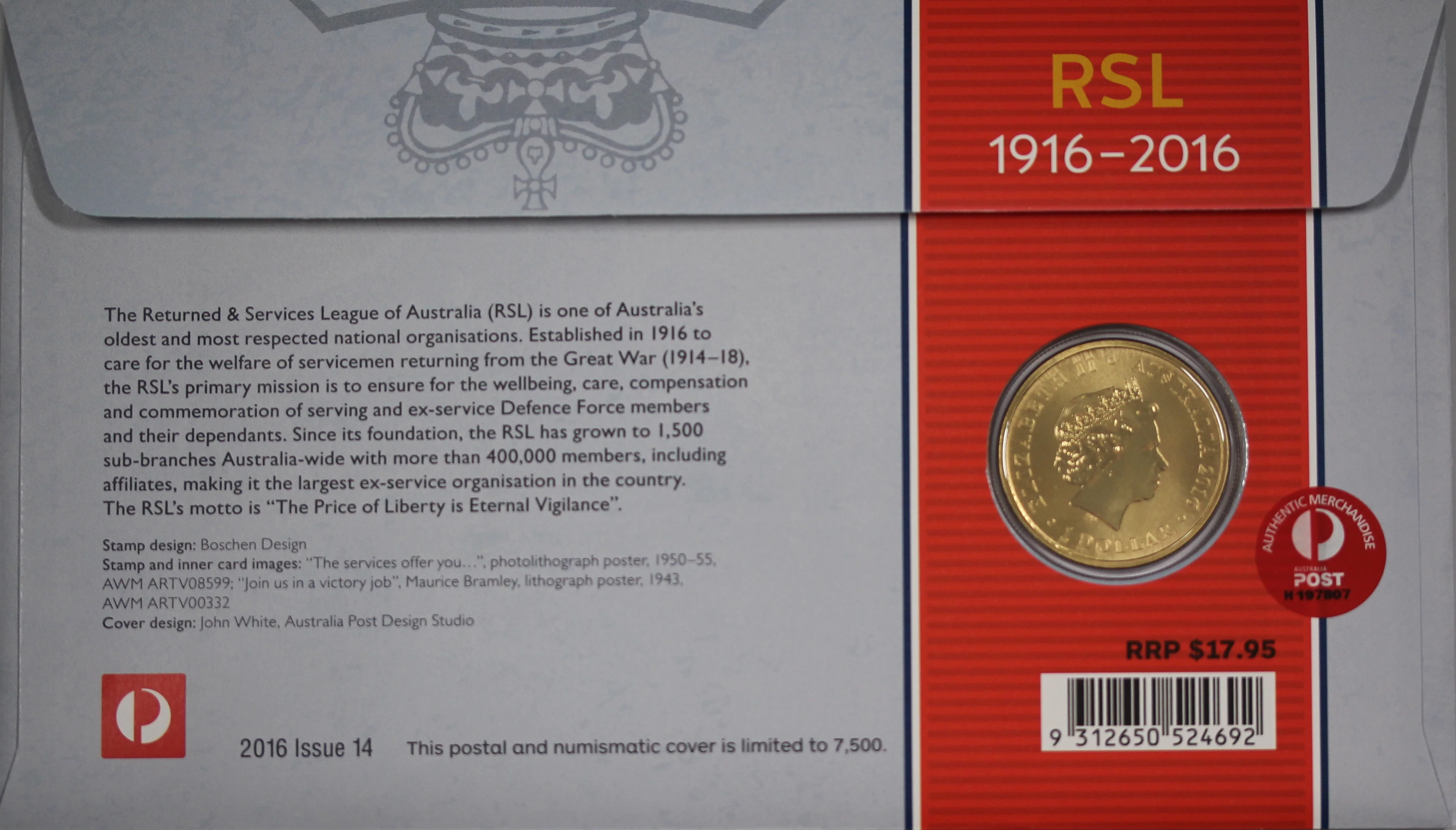 2016 Centenary of RSL Australia $1 PNC - Image 2