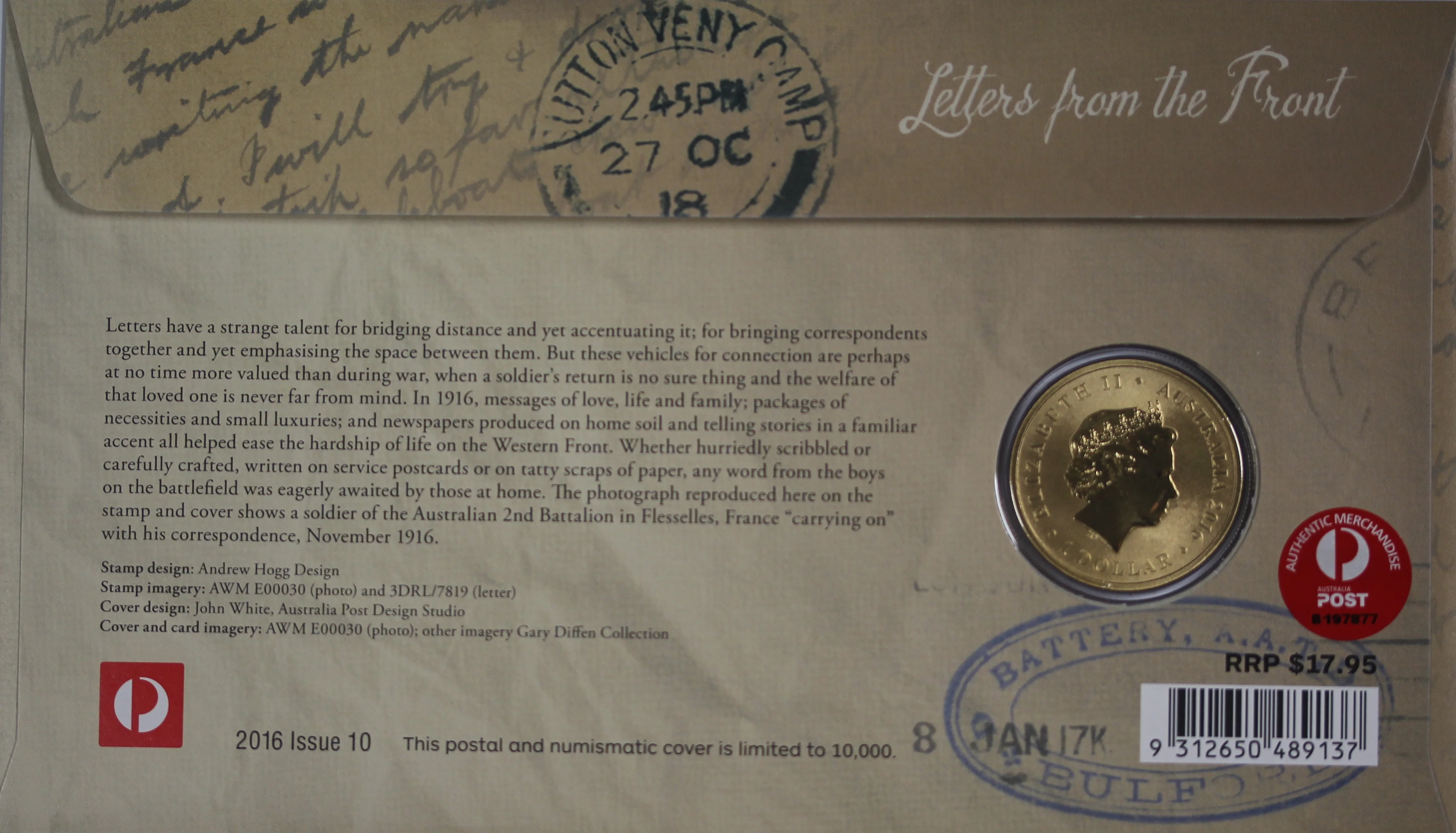 2016 Centenary of WWI Letters From the Front $1 PNC - Image 2