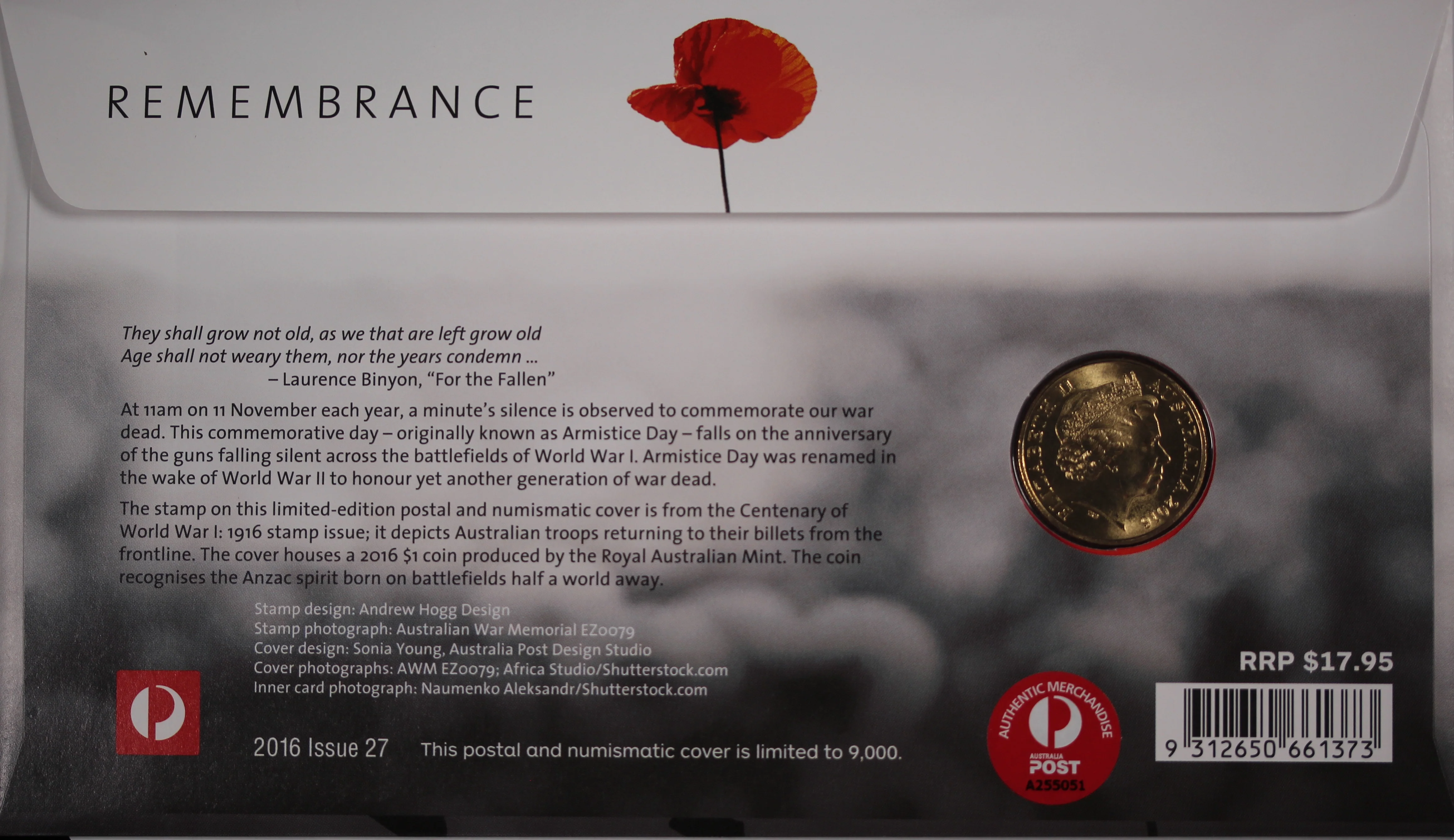2016 Remembrance ANZAC $1 PNC - Image 2