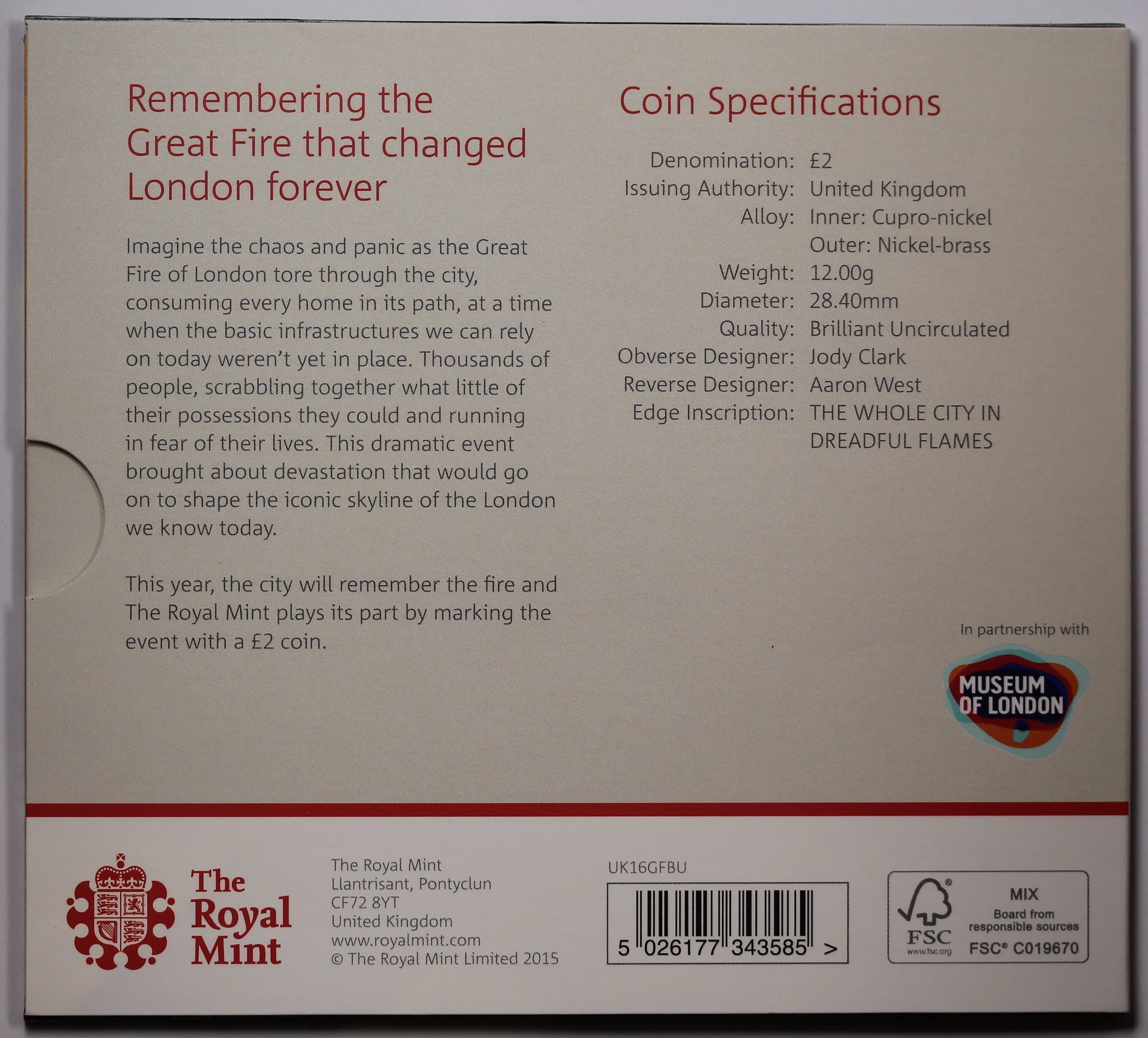 2016 The Great Fire of London 2 Pounds BU - Image 2