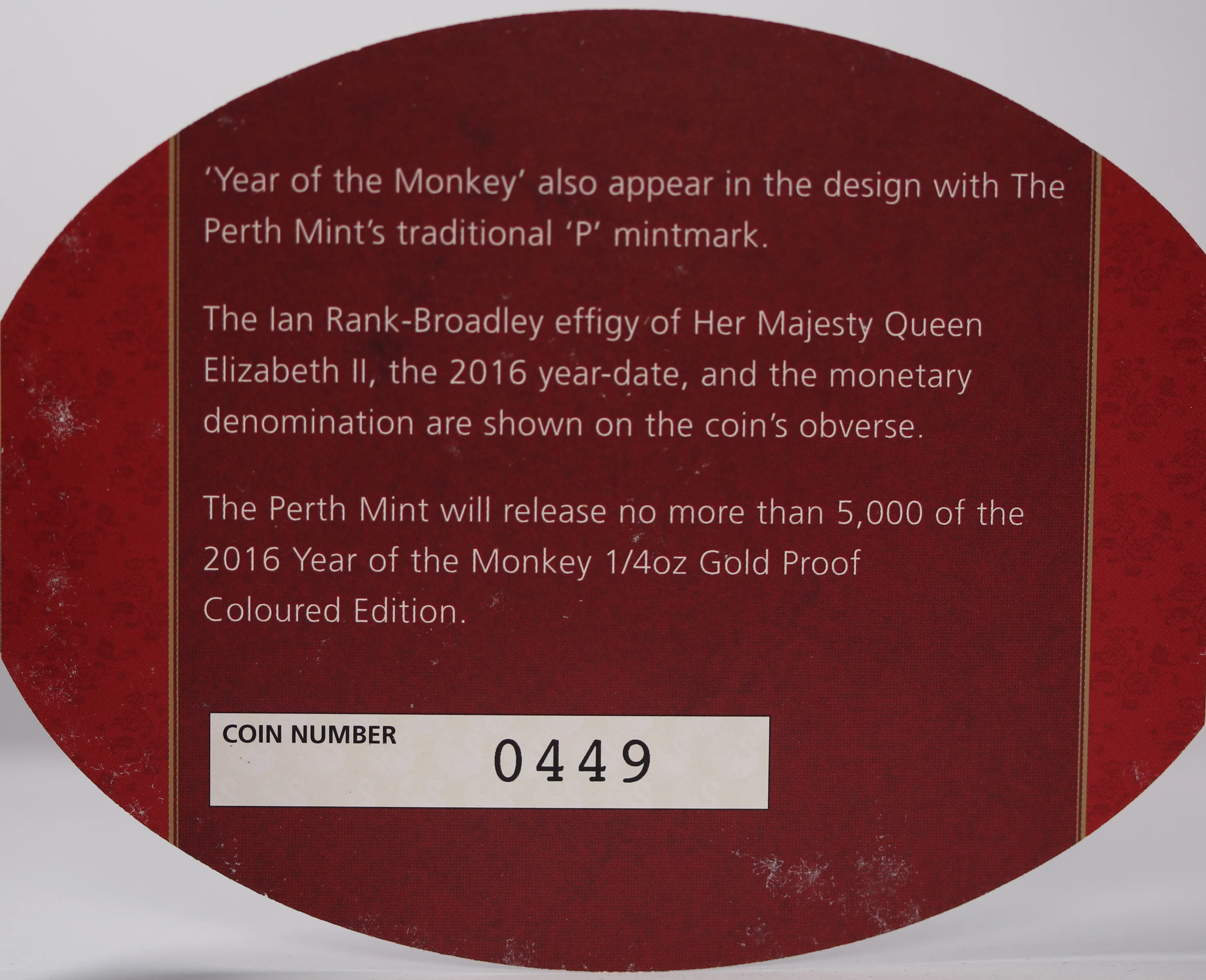 2016 Year of the Monkey 1/4oz Coloured Gold Proof Coin - Image 4