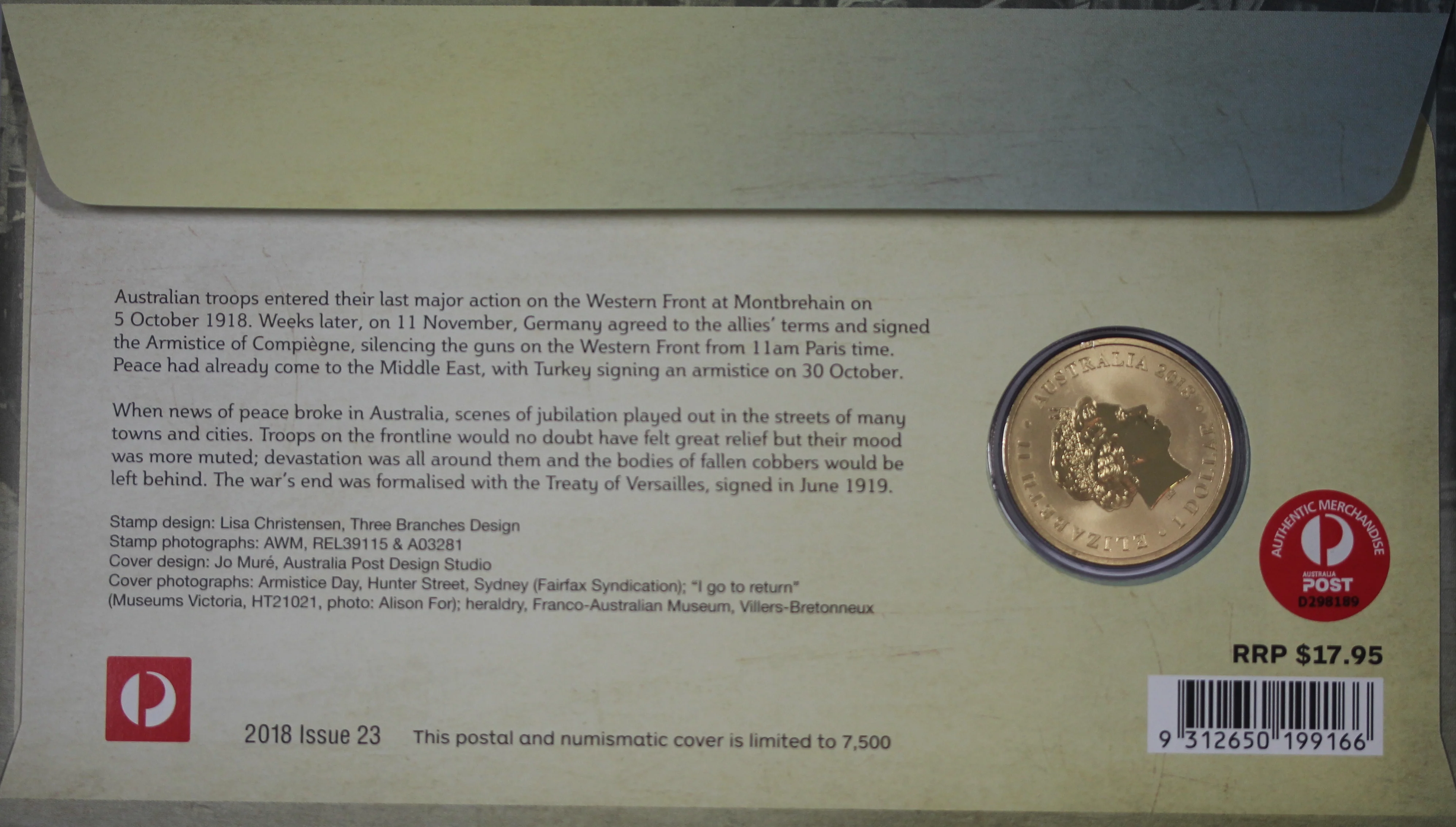 2018 Centenary of WWI Armistice $1 PNC - Image 2