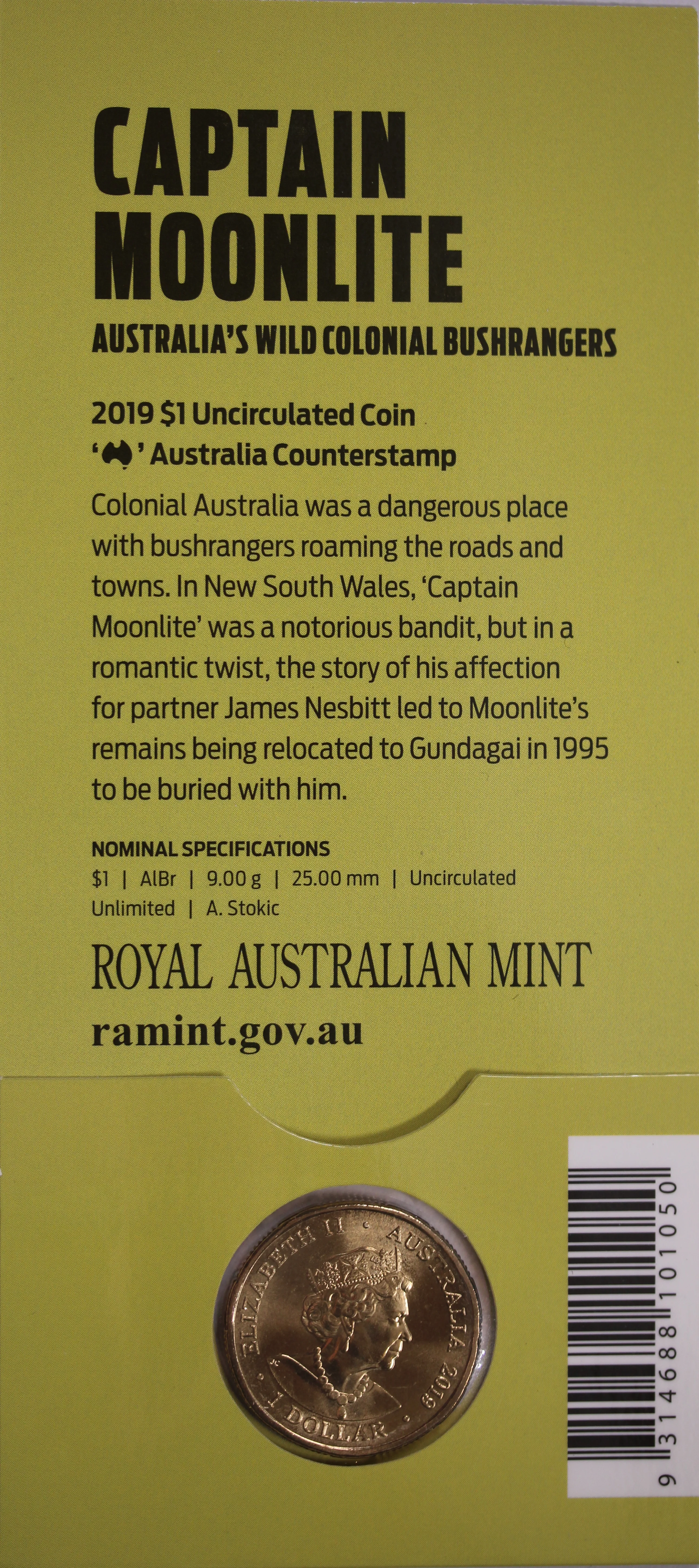 2019 $1 The Bold the Bad and the Ugly Captain Moonlite - Australia Counterstamp - Image 2