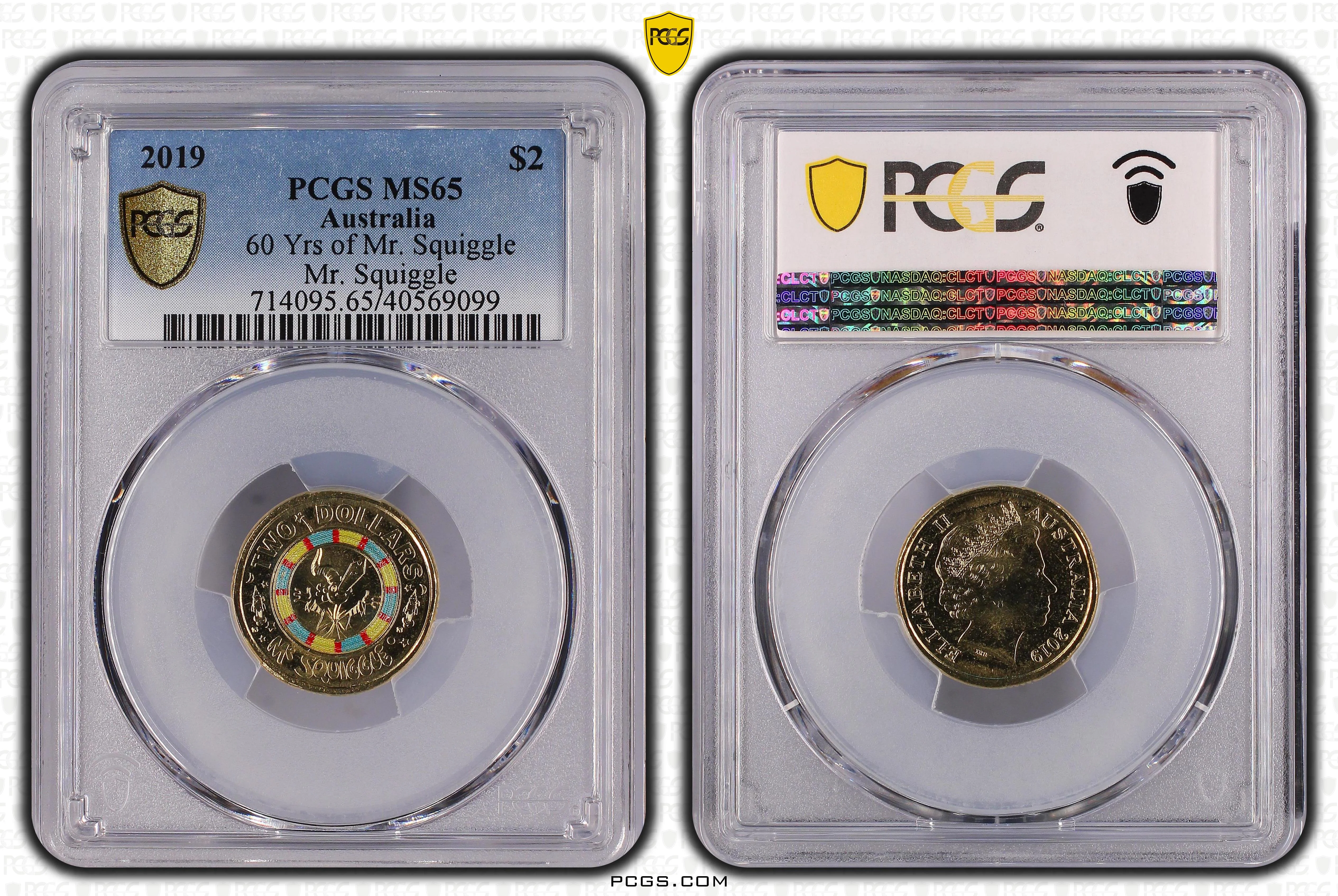 2019 $2 60 Years of Mr Squiggle Blackboard Coloured Coin MS65