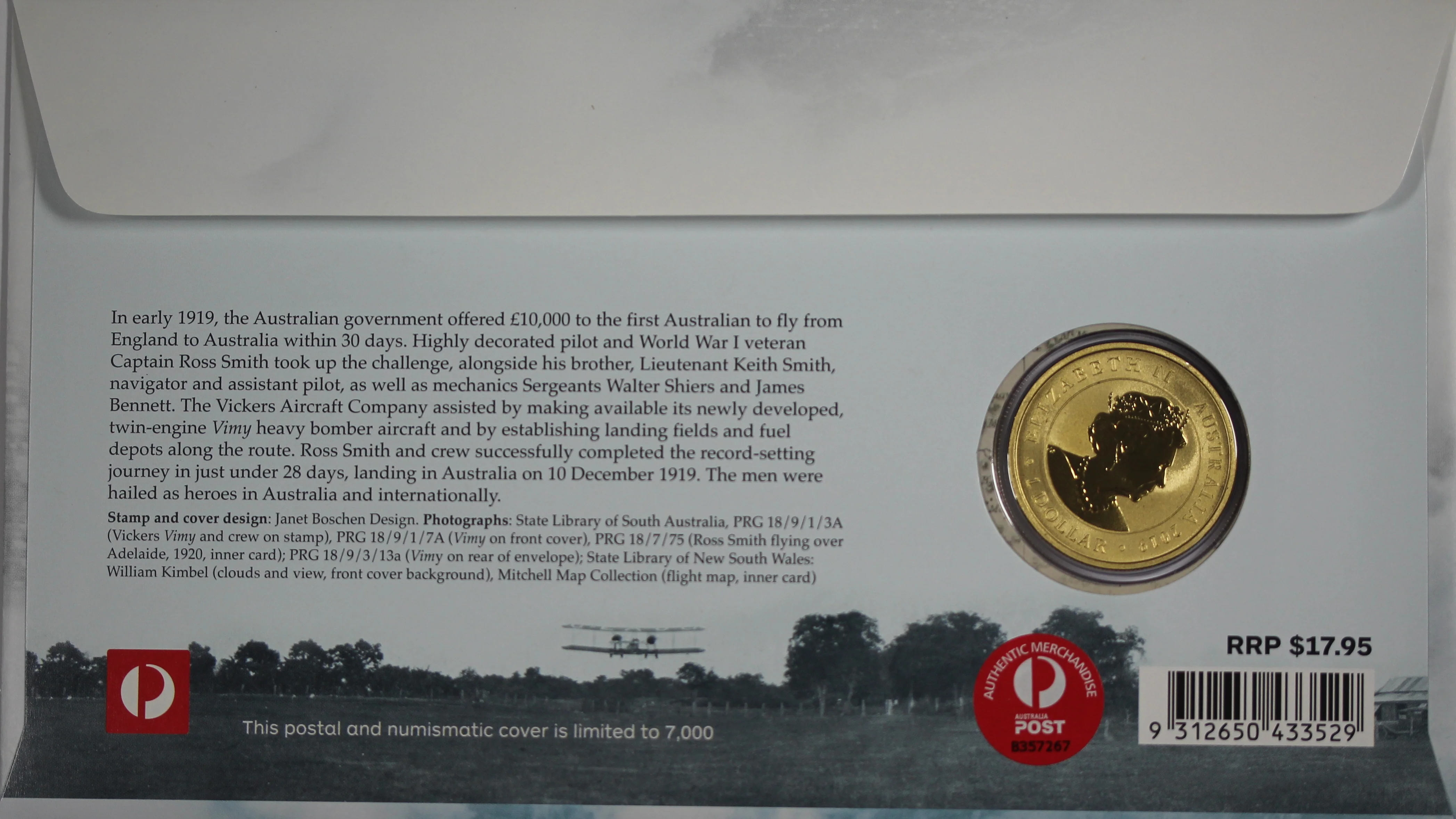 2019 Centenary of First England to Australia Flight G-EAOU $1 PNC - Image 2