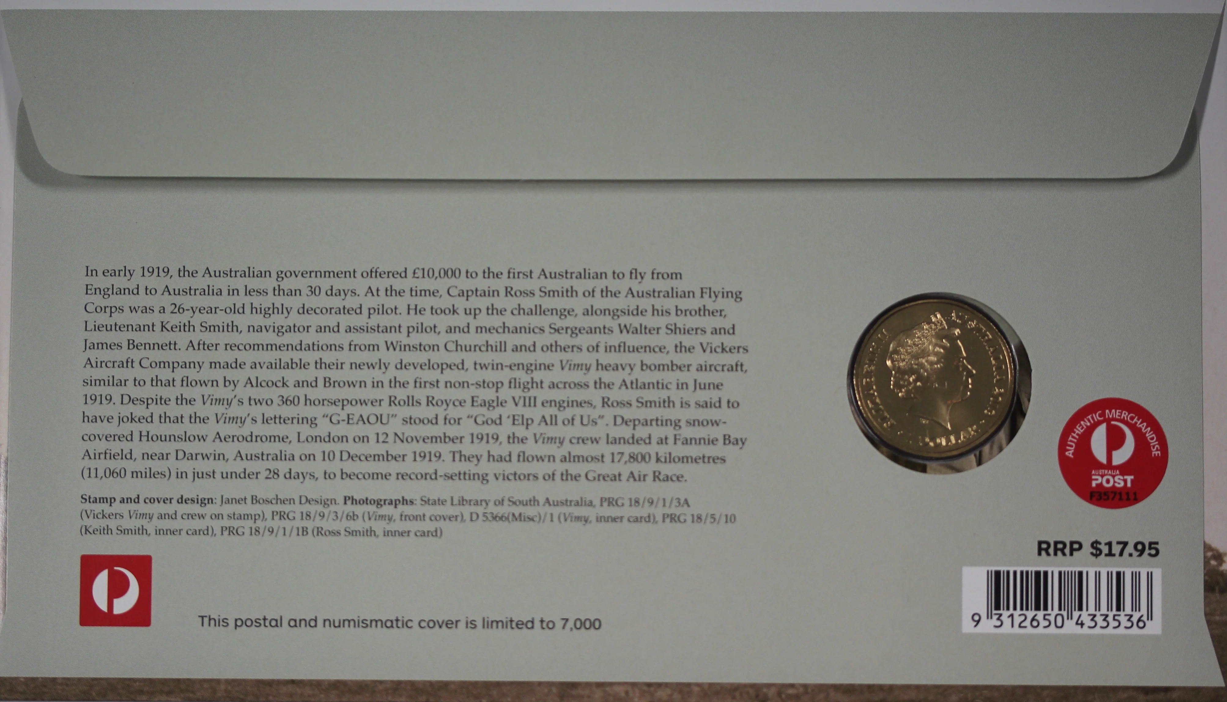 2019 Centenary of Vickers "Vimy" G-EAOU England to Australia $1 PNC - Image 2