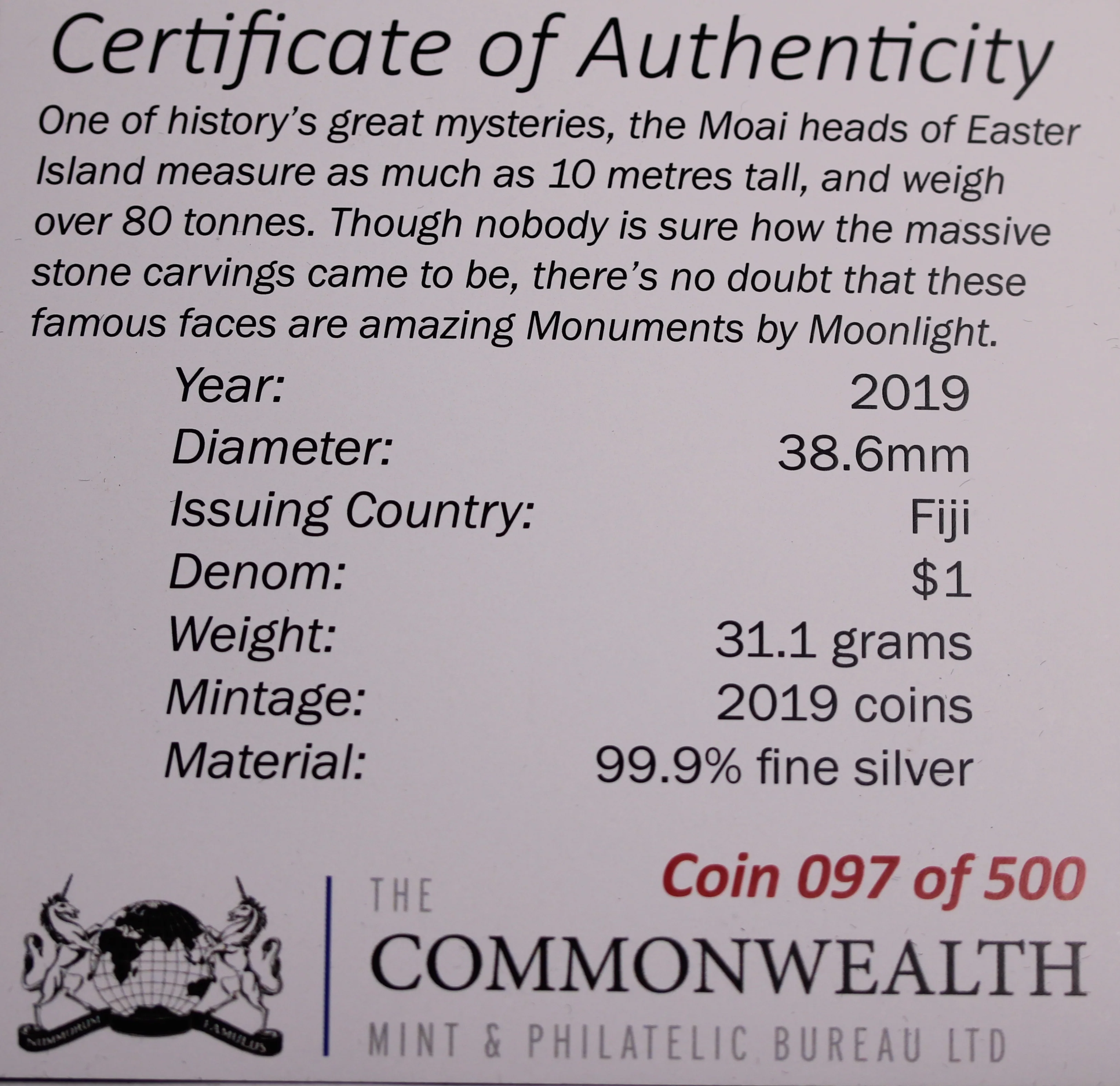 2019 Fiji 1oz Silver Monuments by Moonlight Easter Island Ultra High Relief Proof - Image 4