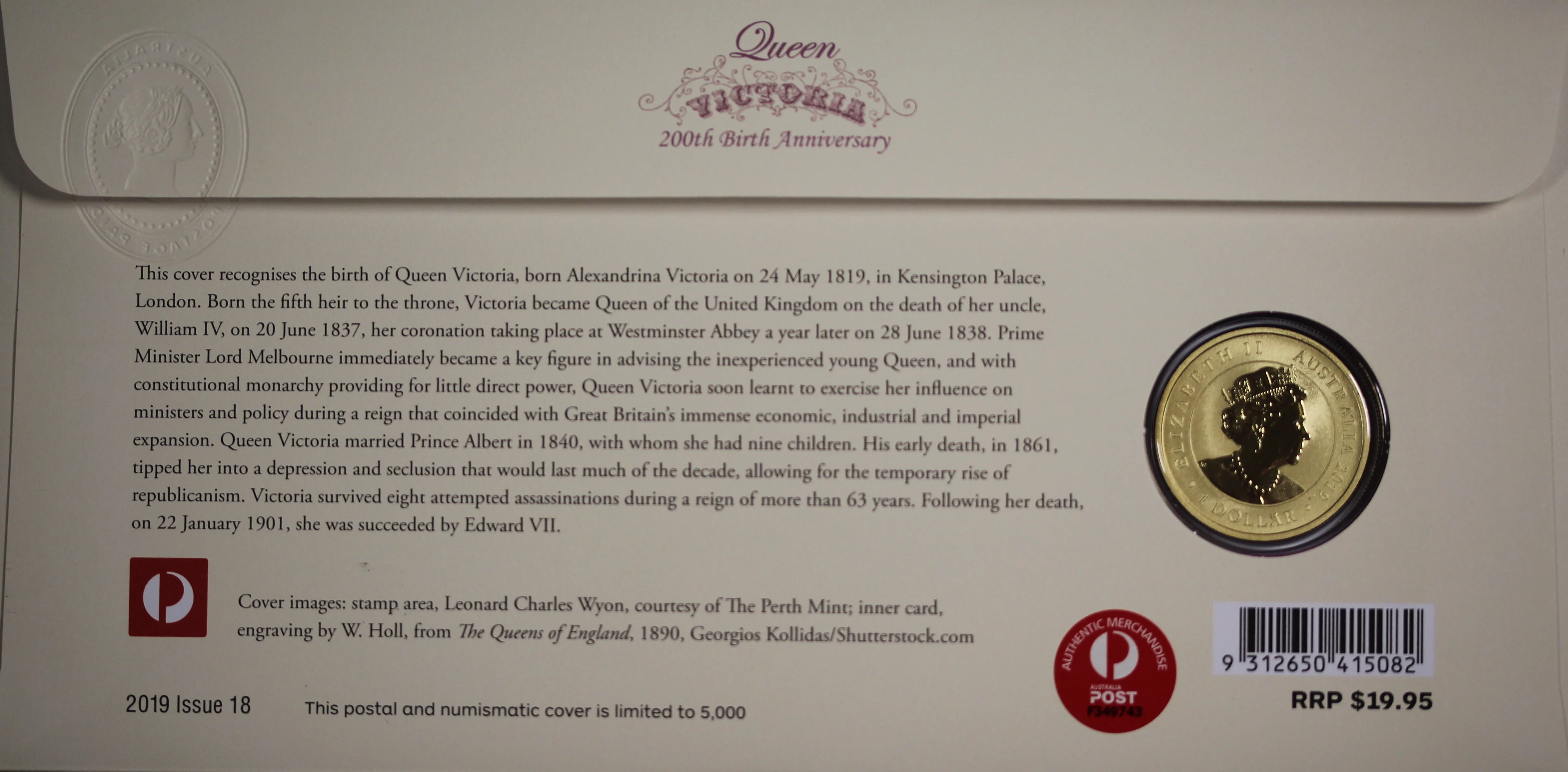 2019 Queen Victoria 200th Birth Anniversary $1 PNC - Image 2