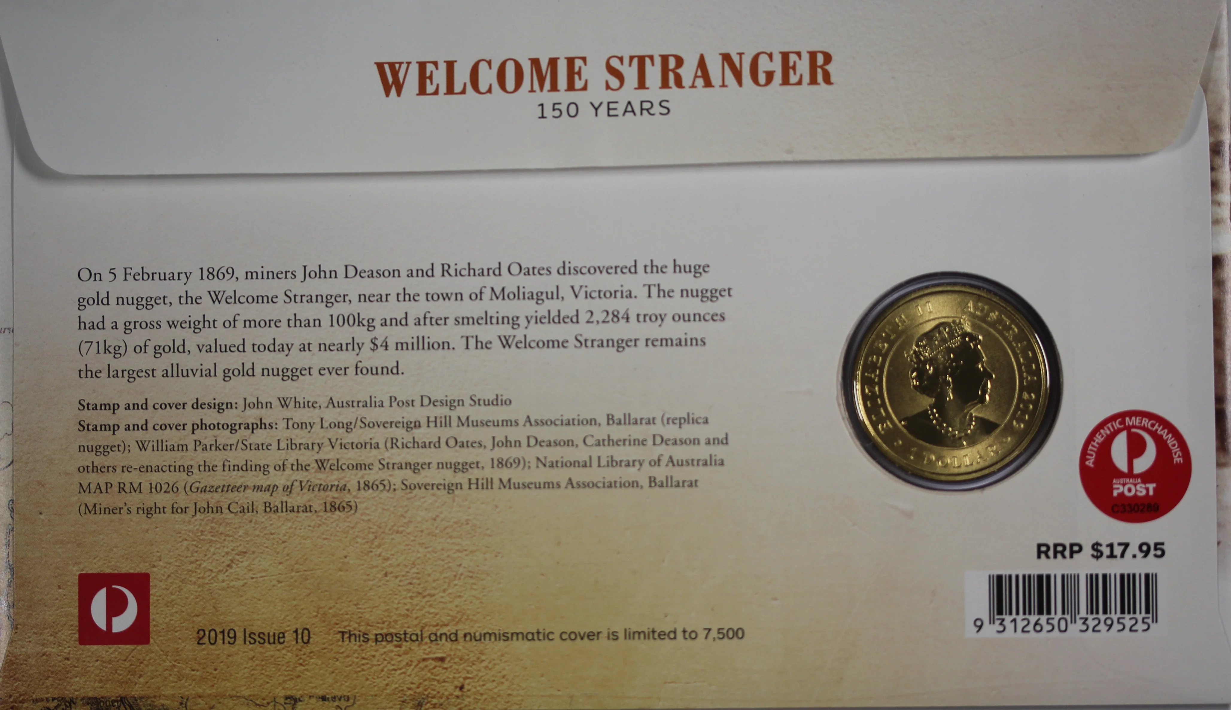 2019 Welcome Stranger Gold Nugget 150th Anniversary $1 PNC - Image 2
