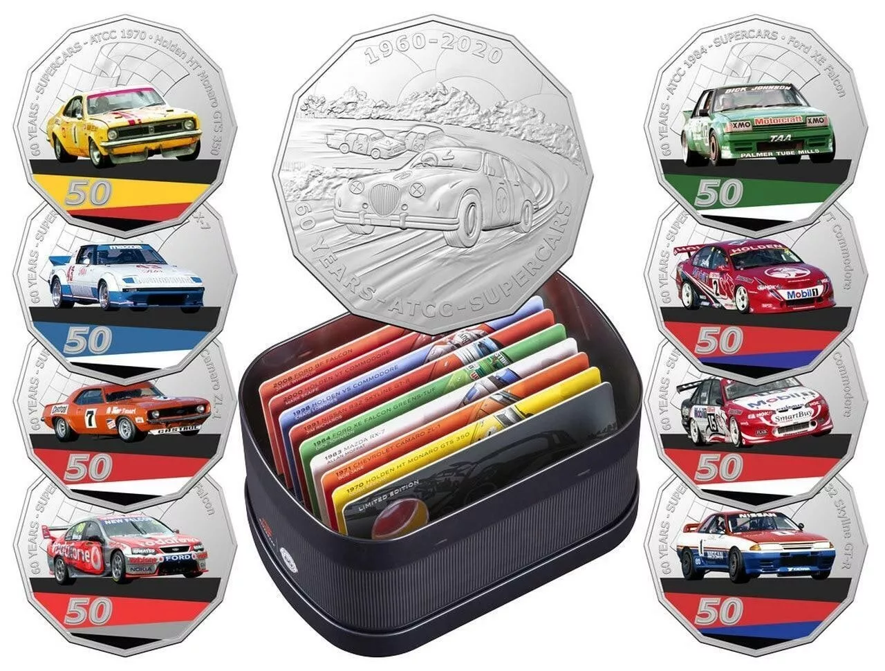 2020 50c 60 Years of Australian Touring Car Champions Coloured Supercars 9 Coin Set