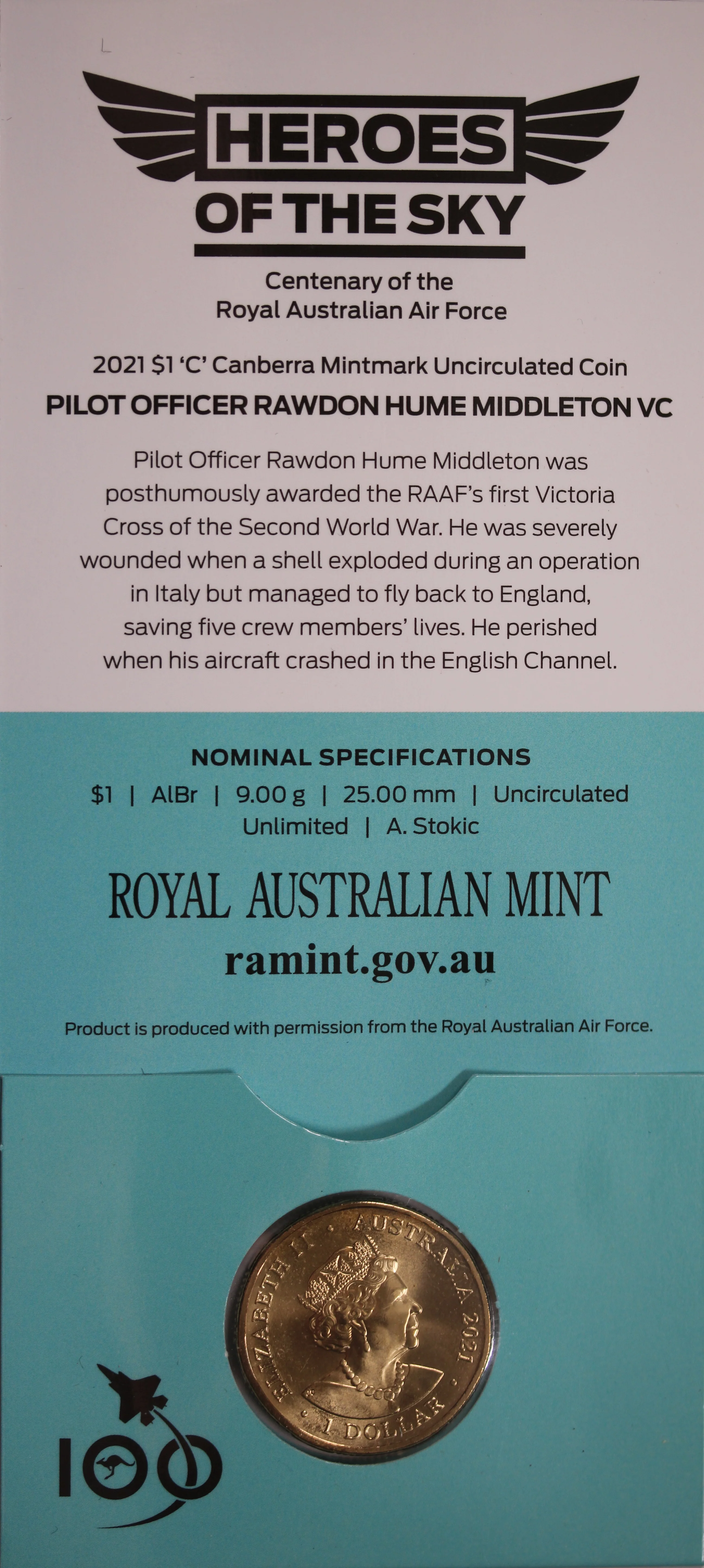 2021 $1 Heroes of The Sky Pilot Officer Rawdon Hume Middleton VC UNC - 'C' Mintmark - Image 2