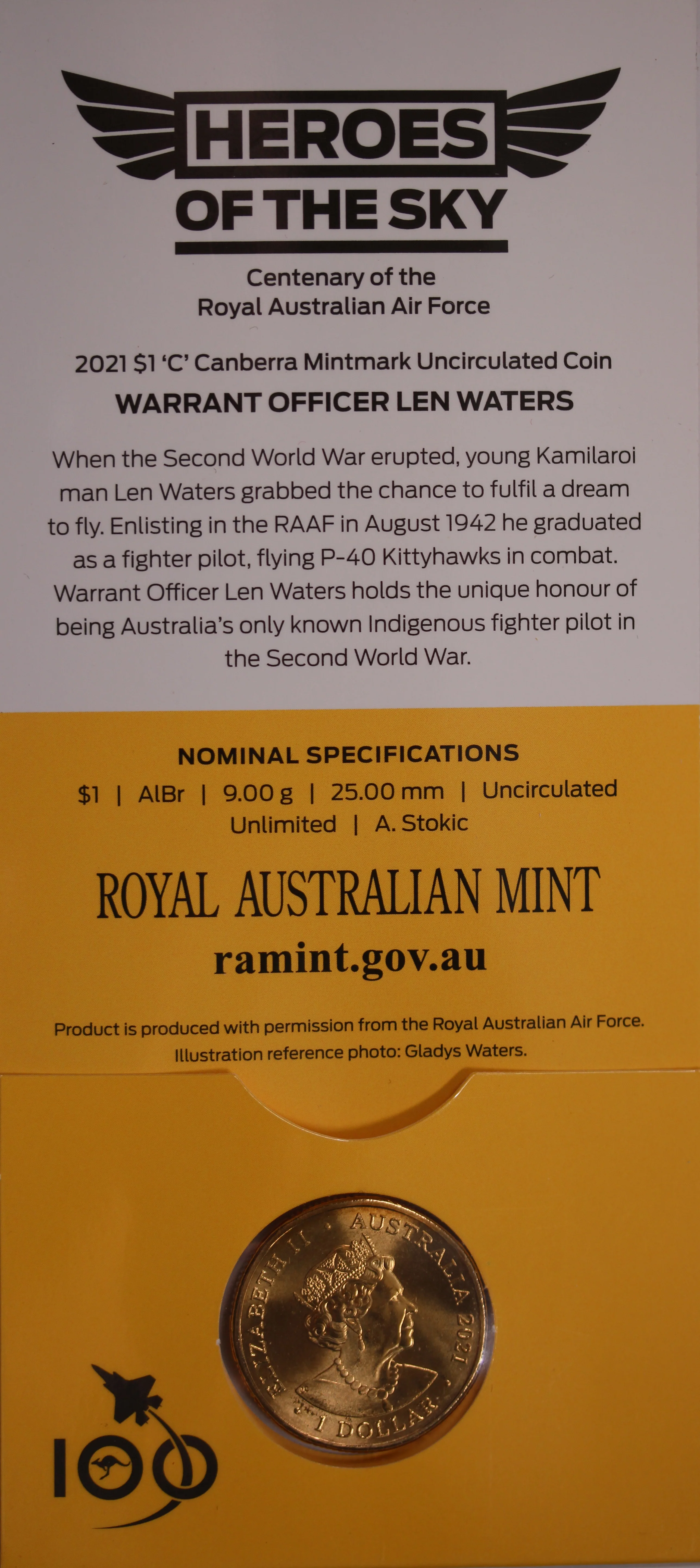 2021 $1 Heroes of The Sky Warrant Officer Len Waters UNC - 'C' Mintmark - Image 2