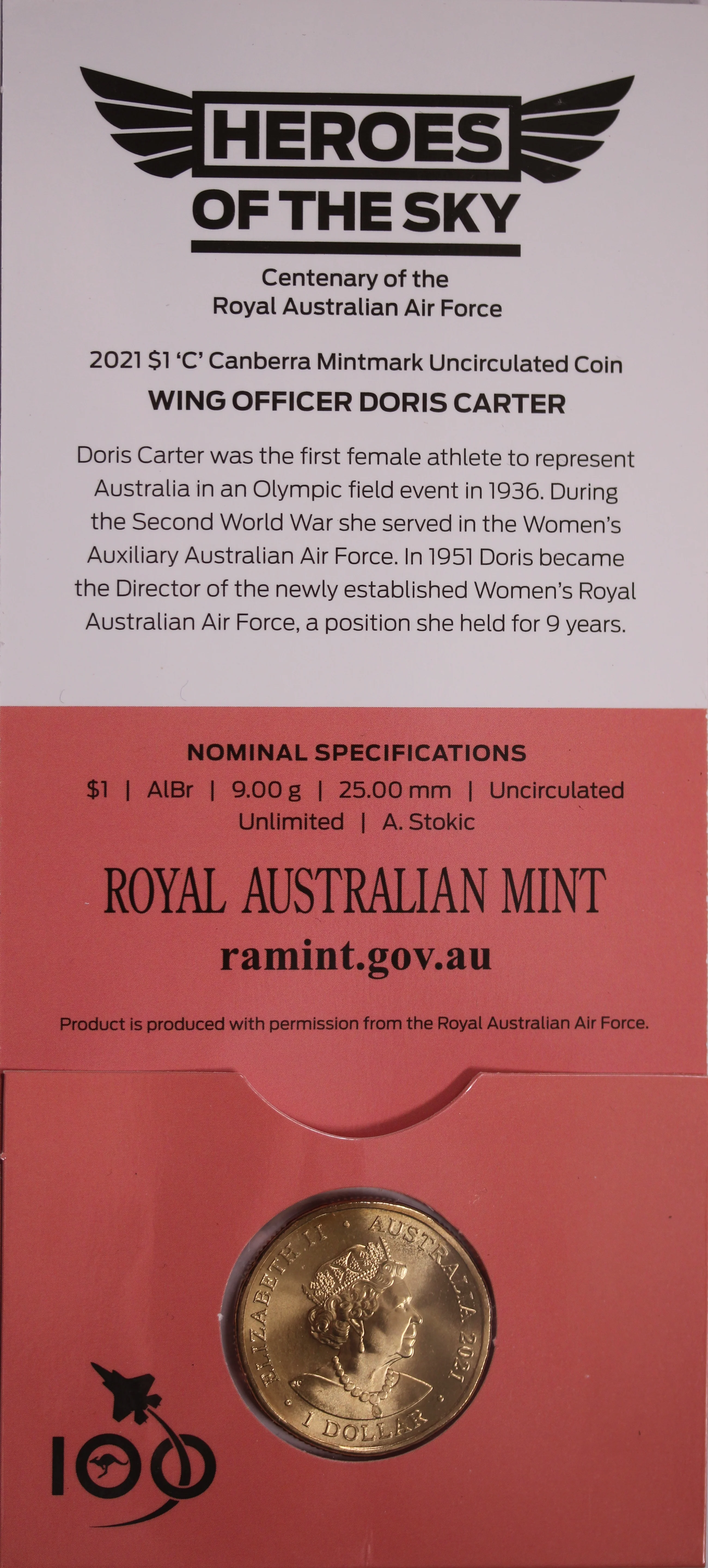 2021 $1 Heroes of The Sky Wing Officer Doris Carter UNC - 'C' Mintmark - Image 2