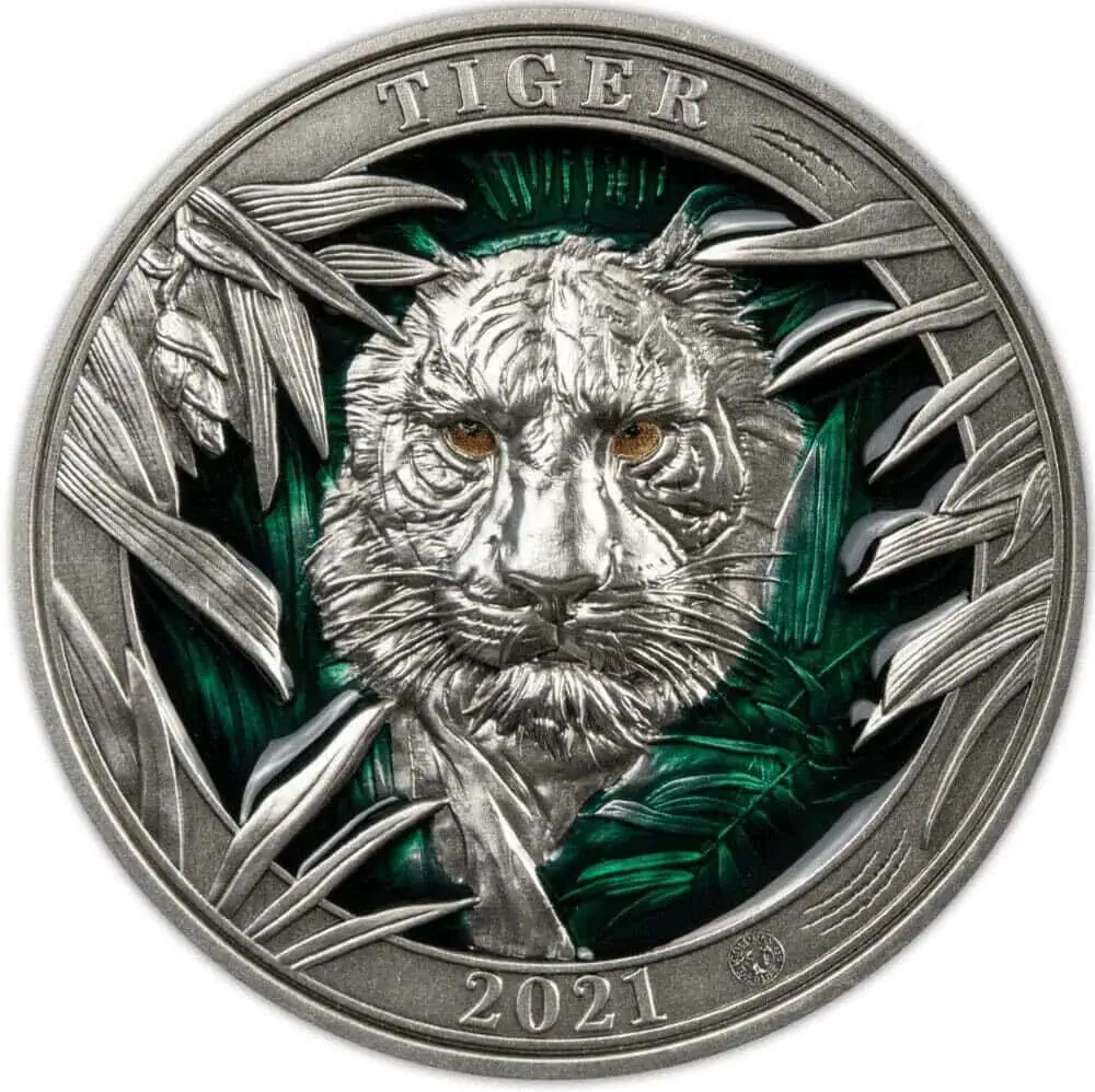 2021 $5 Ultra High Relief Antiqued 3oz Silver Tiger Individual Coin