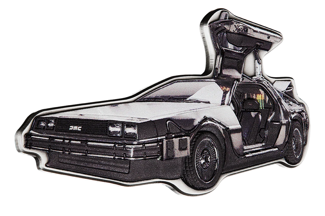 2021 Back to the Future DeLorean Time Machine Shaped 2oz Antiqued Silver Coin - Image 2