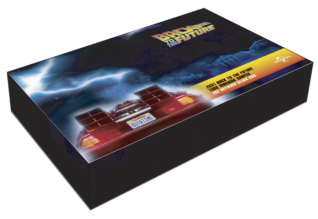 2021 Back to the Future DeLorean Time Machine Shaped 2oz Antiqued Silver Coin - Image 4