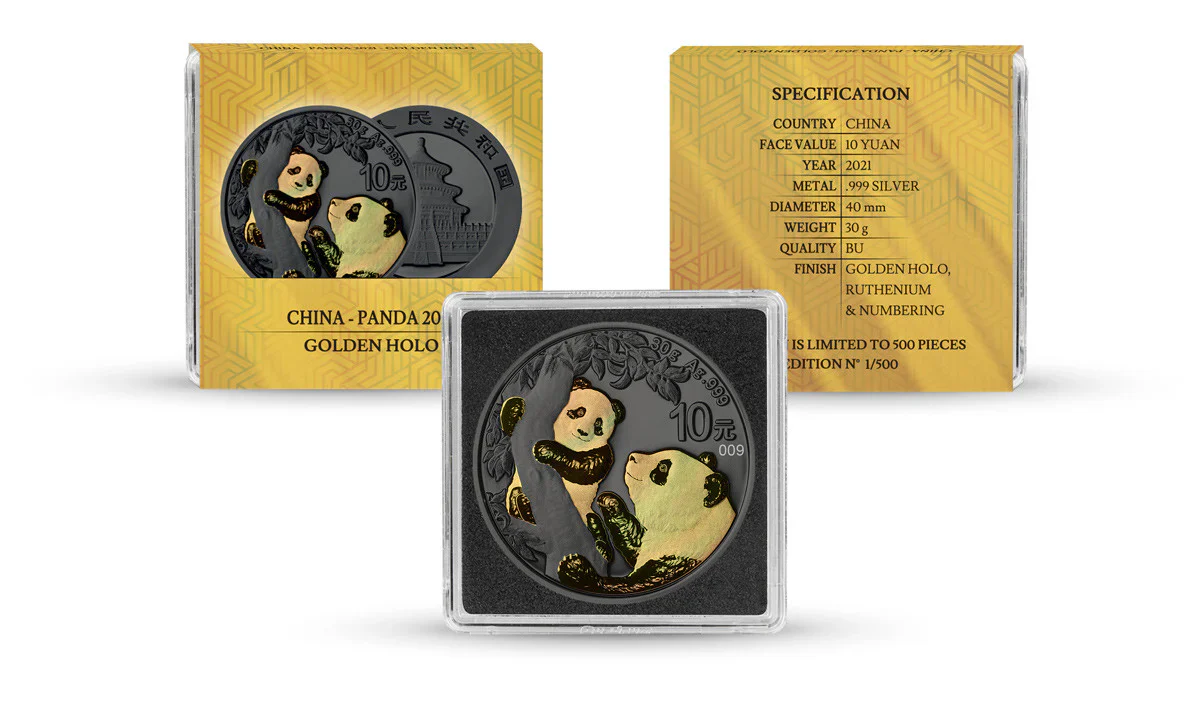2021 China Panda Golden Holo 30 Gram Silver Coin - Image 3