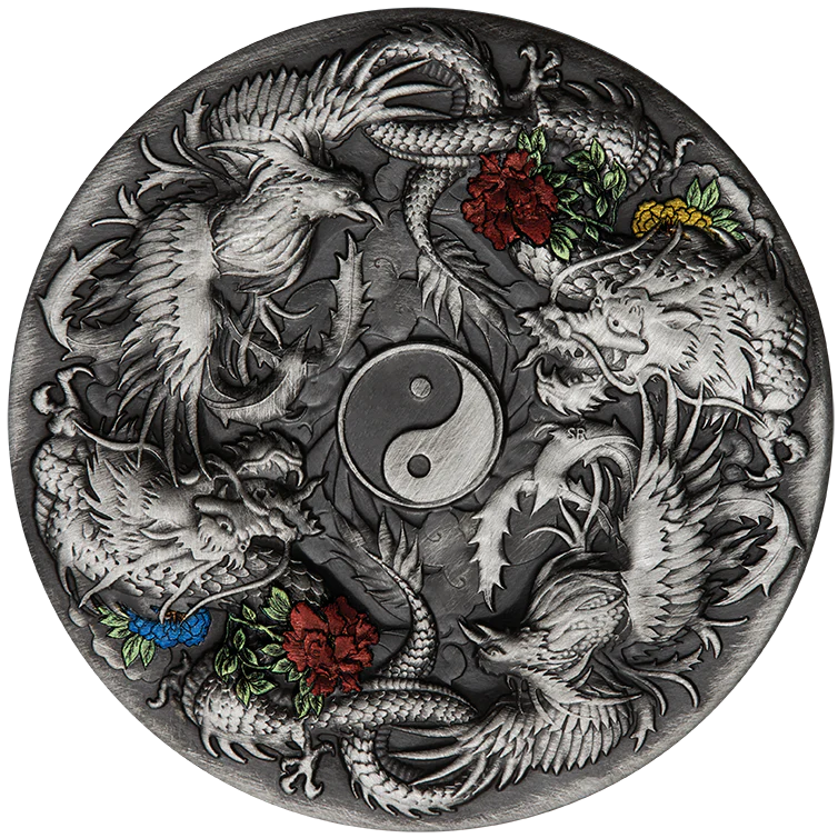 2021 Double Dragon and Double Phoenix with Yin Yang 2oz Silver Antiqued Coloured Coin