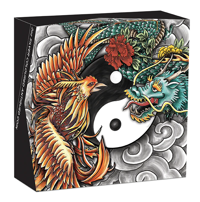 2021 Double Dragon and Double Phoenix with Yin Yang 2oz Silver Antiqued Coloured Coin - Image 2