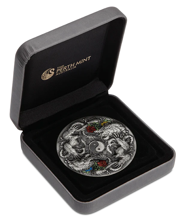 2021 Double Dragon and Double Phoenix with Yin Yang 2oz Silver Antiqued Coloured Coin - Image 4
